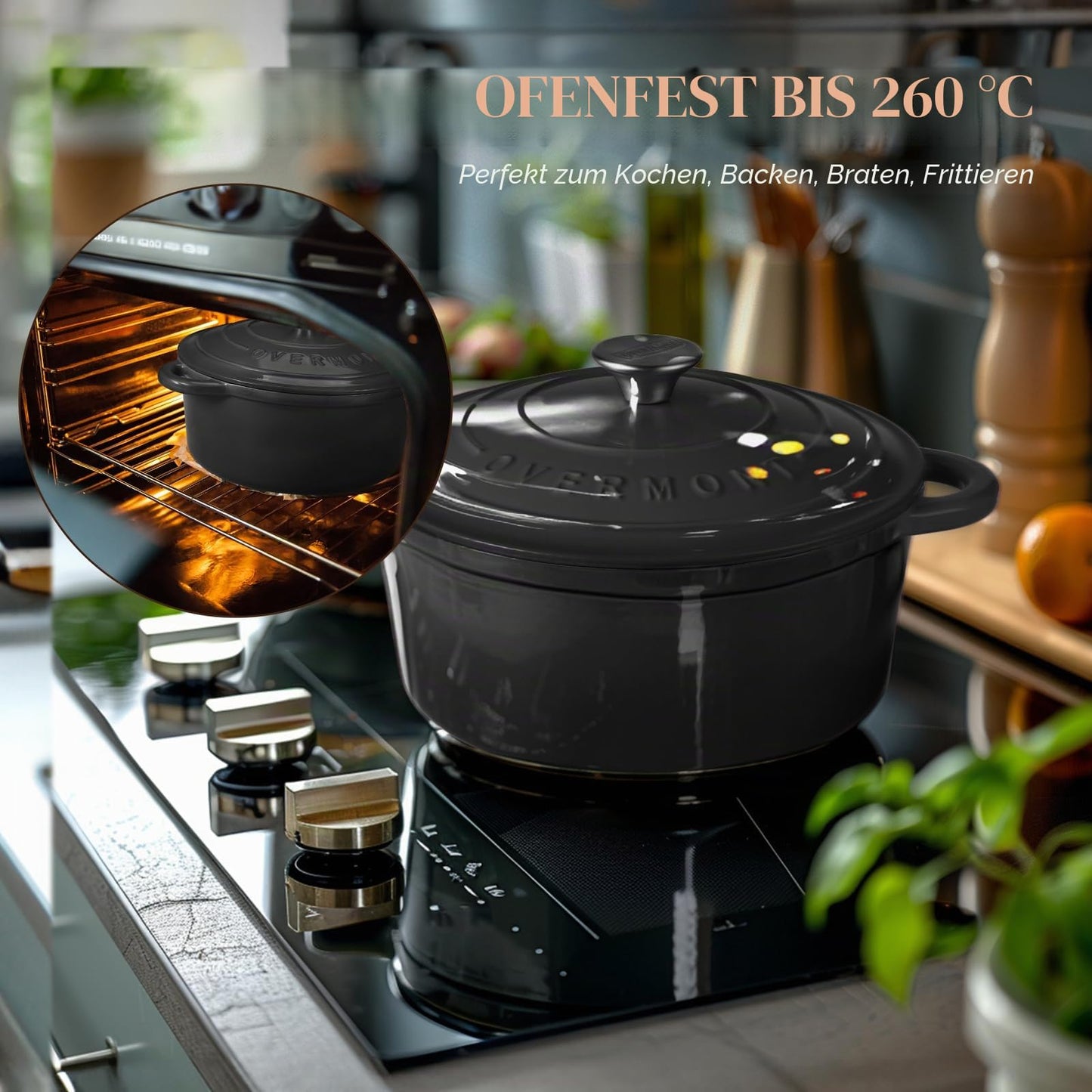 Overmont roasting pan enamel cast iron pot - casserole dish 26cm oven-safe - with lid and cookbook - for kitchen baking stewing roasting - Graphite