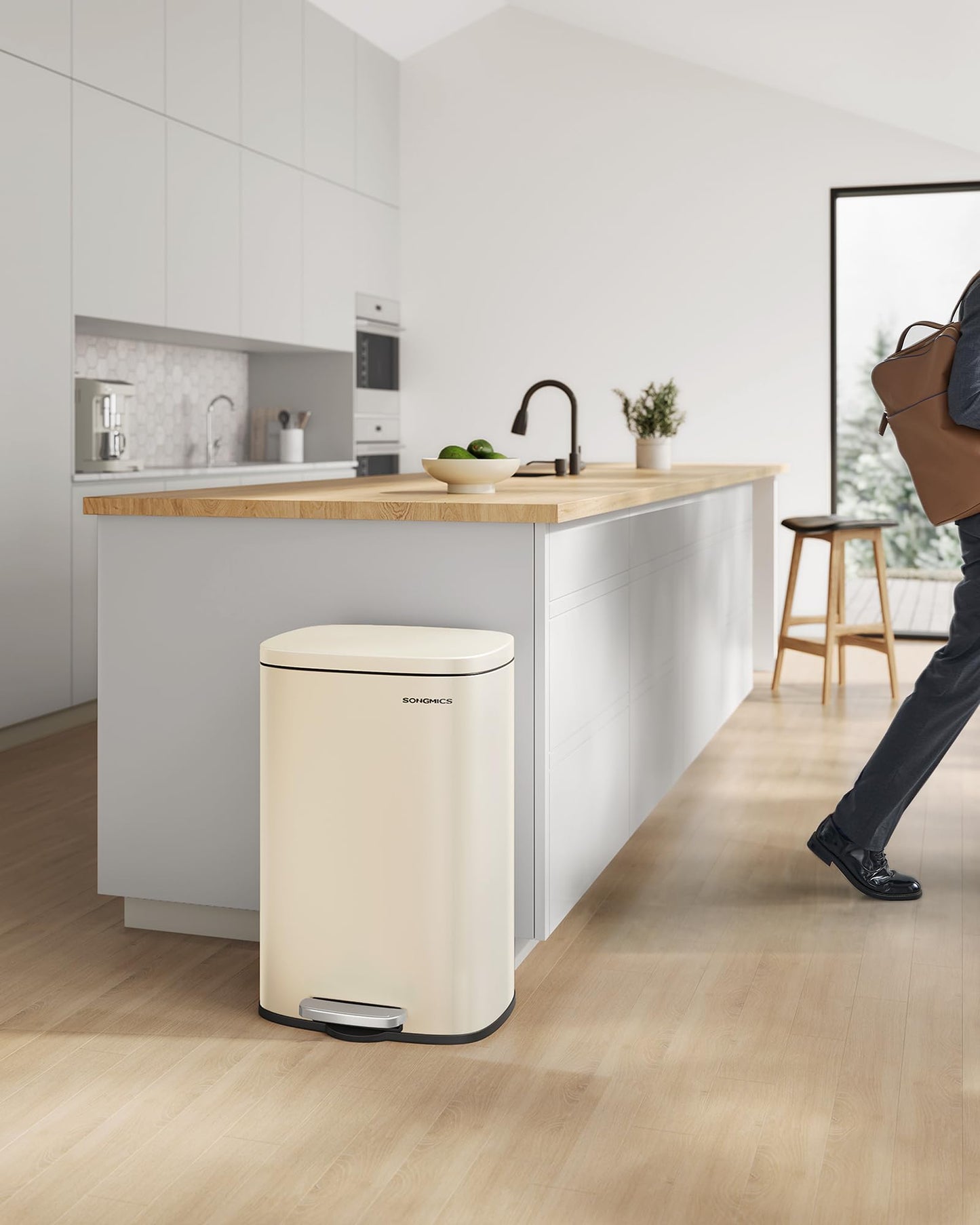 SONGMICS kitchen rubbish bin, 50 liters, waste bin, pedal bin, with lid, soft close, foot pedal, steel, inner bin, sand beige LTB050A02
