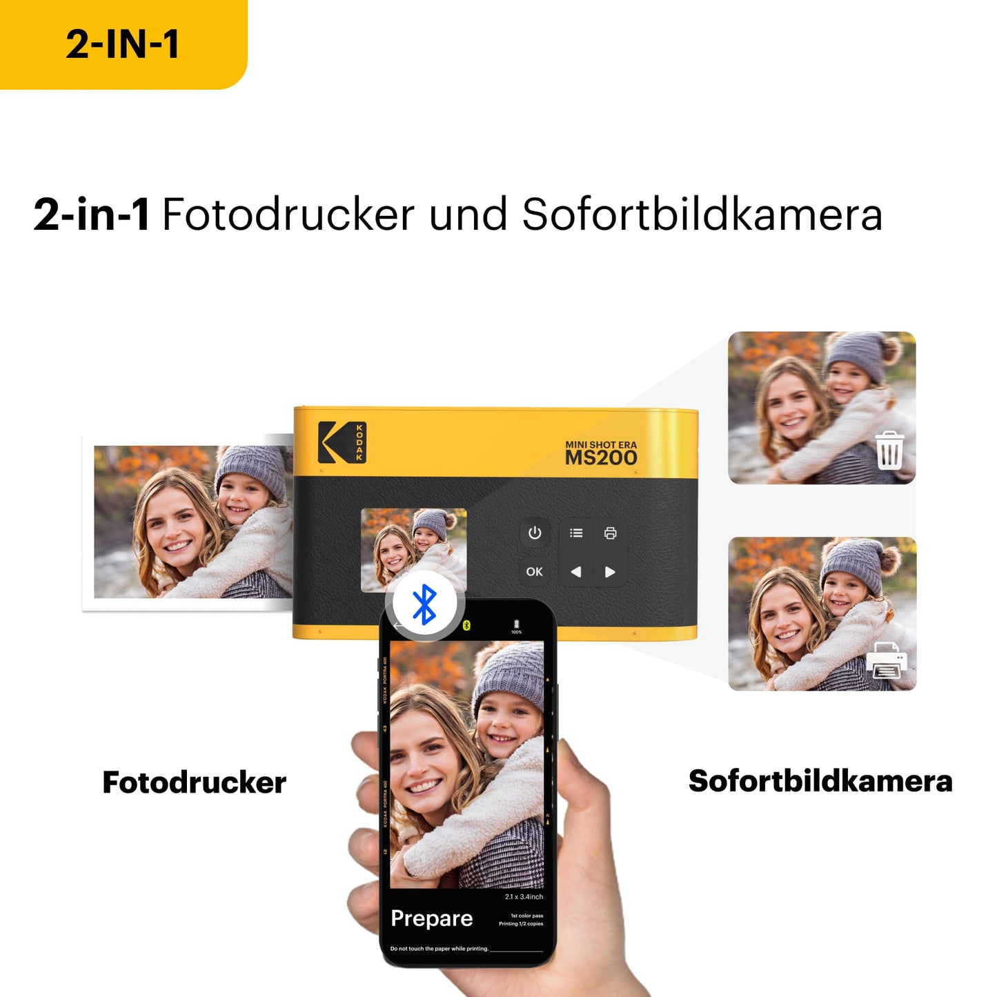 Kodak Mini Shot 2 ERA 4PASS 2-in-1 instant camera and photo printer (5.3x8.6cm) (photo printer + 8 sheets, yellow) - MS200