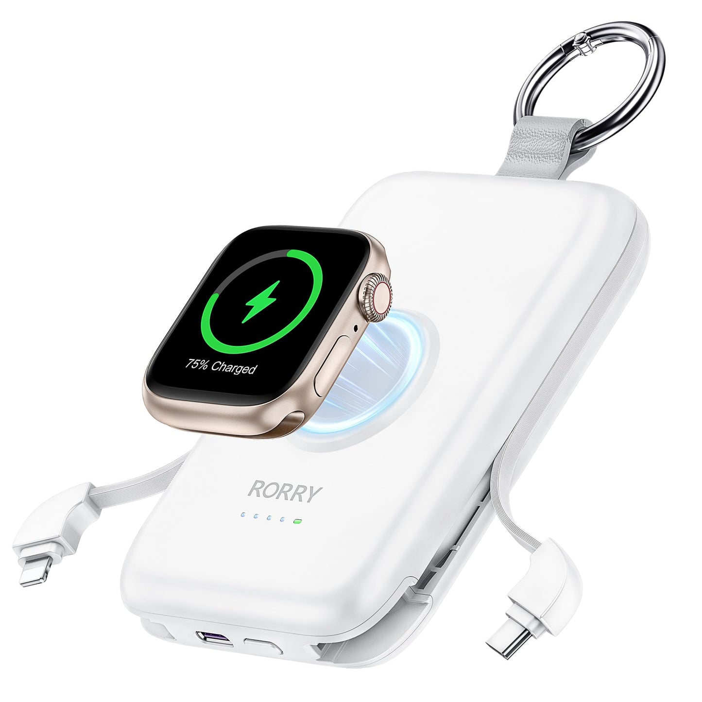 RORRY Power Bank, 10000mAh Power Bank Fast Charging Function PD 20W with Integrated Cable, Travel Portable Charger External Mobile Phone Batteries for iPhone 17/16/15/14 and Apple Watch Ultra 11/10/9/8/7/SE, White - D2-10000