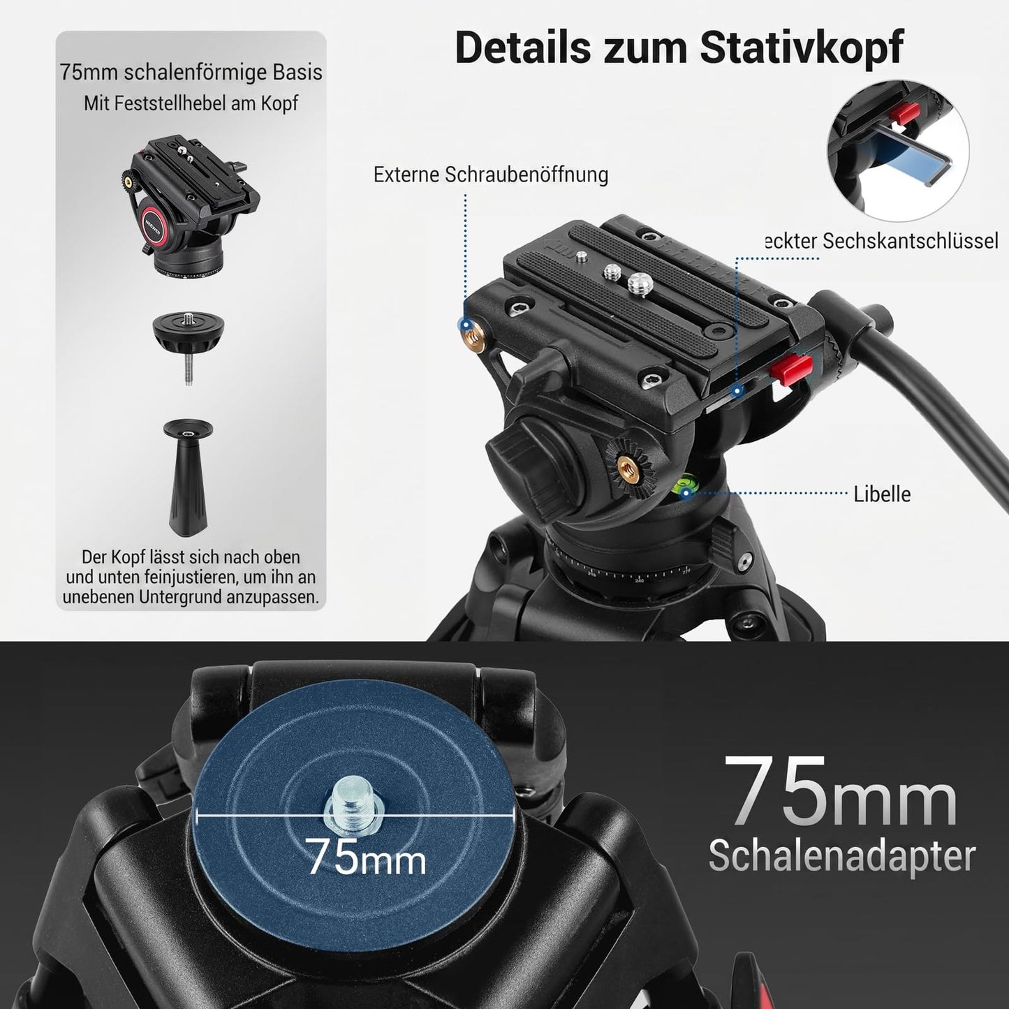 NEEWER 74" Pro Video Tripod with Fluid Head, QR Plate Compatible with DJI RS Gimbals, Heavy Duty Camera Tripod with Telescopic Handle Scaled Base for DSLR, Max Load 17.6lb/8kg, TP74