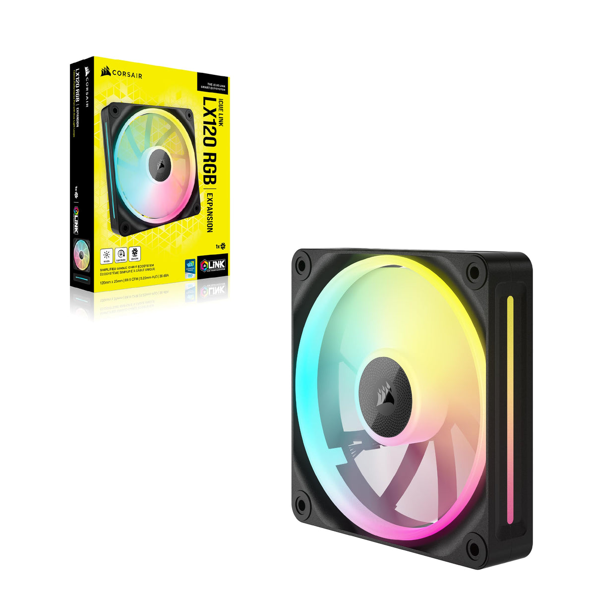 CORSAIR iCUE LINK LX120 RGB ventilator de 120mm PWM – Pachet unic – Dual Light Loops – Necesită hub de sistem iCUE LINK (Disponibil separat) – Tehnologie CORSAIR AirGuide – Negru - CO-9051025-WW