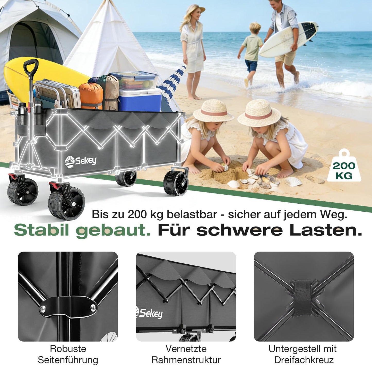 Sekey XXXL Handcart Foldable 300L 200KG Heavy Duty, Extended Folding Handcart with Extra Width 17x10 cm All-Terrain Wheels Handcart, Patented 4-Way Instant Assembly Transport Cart, Anthracite - FW36-1