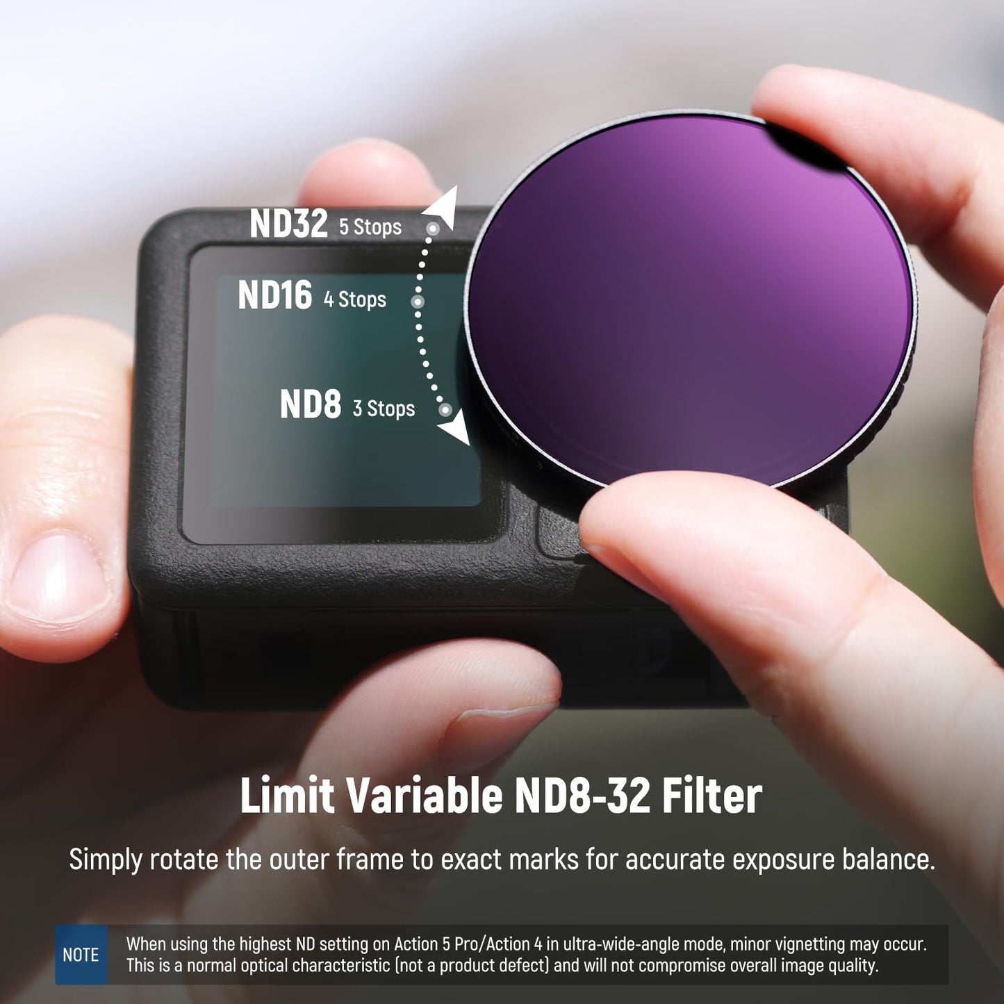 NEEWER Variable ND filter, compatible with DJI Osmo Action 5 Pro Action 4, ND8-32 (3-5 stops), screw-on gray filter lens filter, multi-coated optical HD glass action camera accessories - 10106092