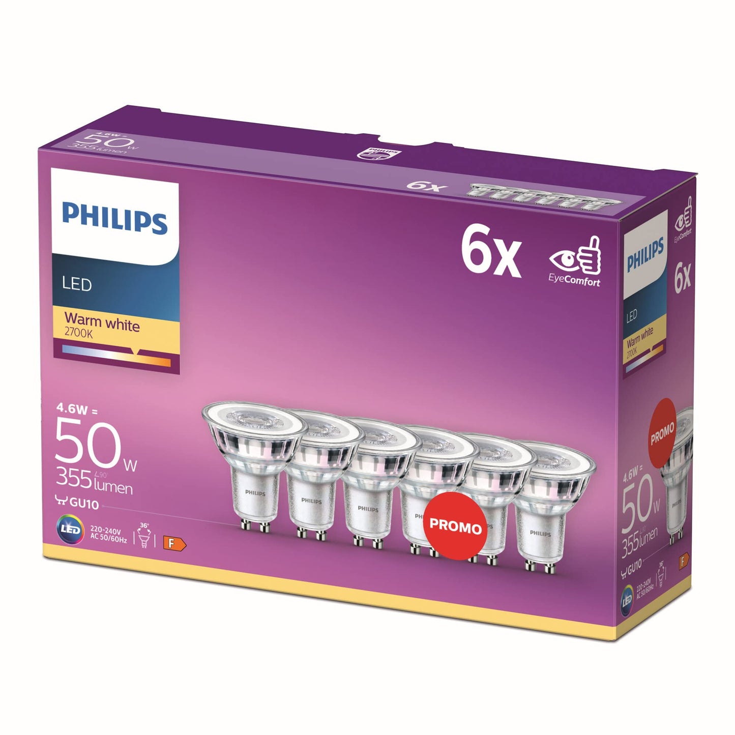 Philips LED Classic GU10 lamps pack of 6 (50 W), reflector LED spots with warm white light, energy-saving lamps with a long useful life, warm white - 9290012152C