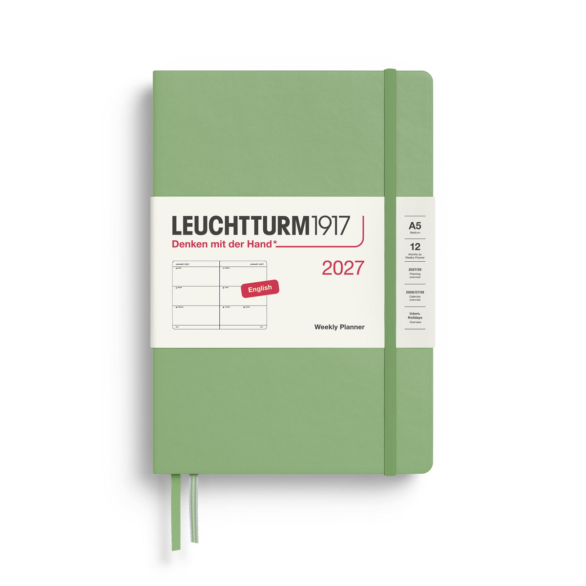LEUCHTTURM1917 Calendar săptămânal 2027 Mediu (A5) - Engleză, Sage, Hardcover, 145 x 210 mm, 12 luni - ianuarie-decembrie 2027, 1 săptămână pe pagină dublă, hârtie de 80 g/m² cu compatibilitate ridicată cu cerneală - 400272