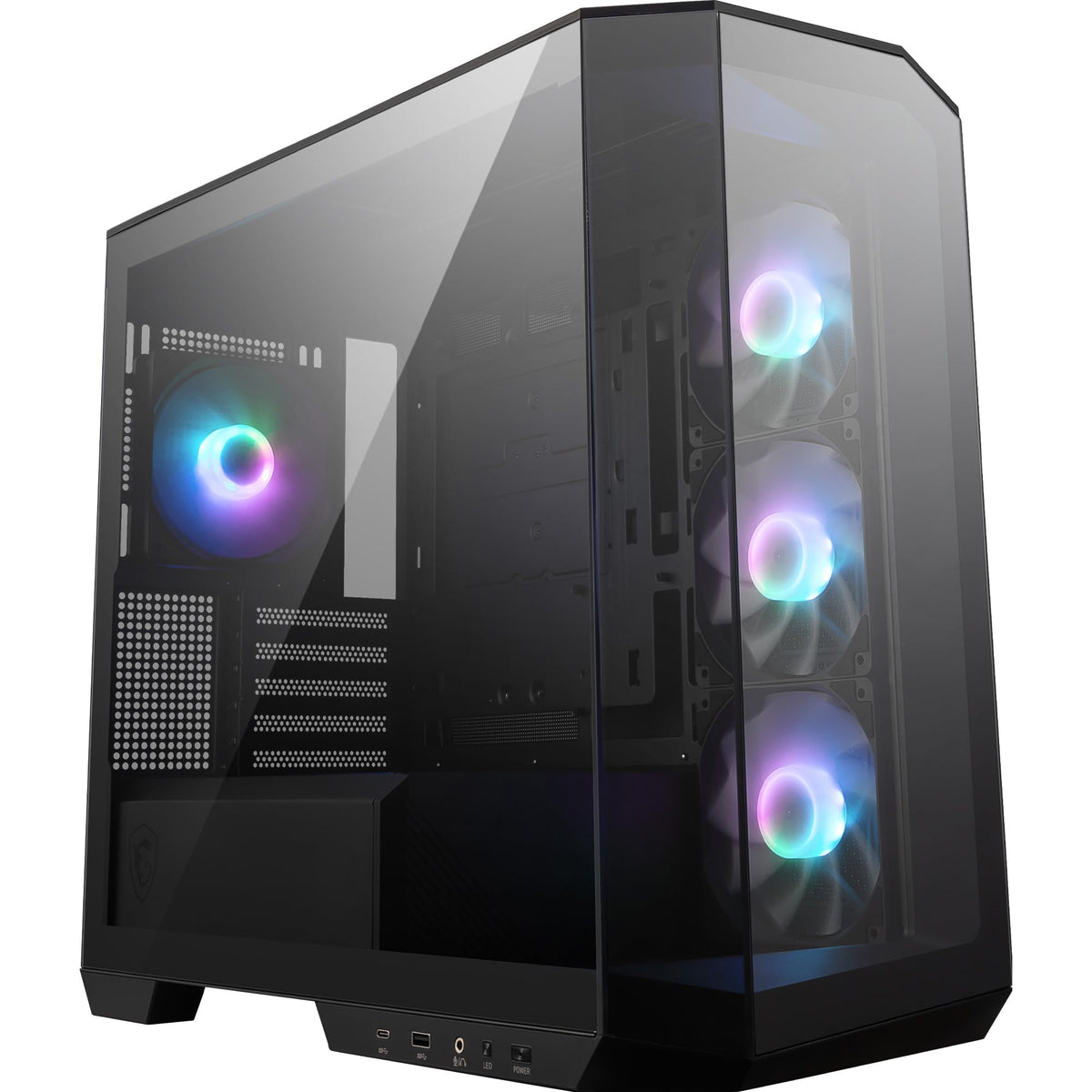 MSI MAG PANO M100R PZ carcasă PC mATX - 3 ventilatoare ARGB Reverse-Blade de 120 mm și 1 ventilator ARGB de 120 mm cu hub, suport pentru GPU, filtru de praf, spațiu pentru gestionarea cablurilor de 33 mm, USB Type-C (20Gbps) - 306-7G24R21-809
