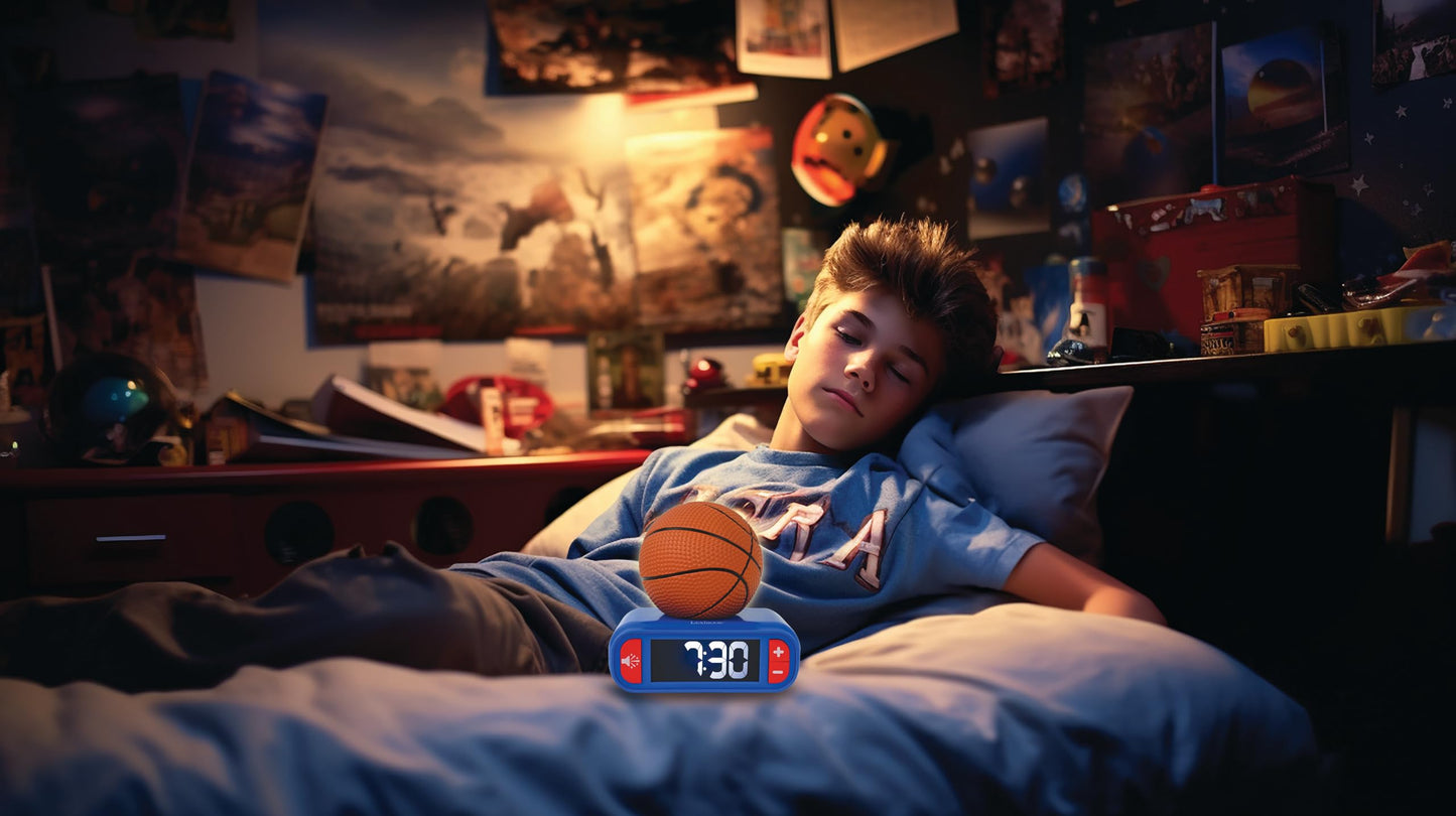 Lexibook, Basketball, Basketball Night Light Alarm Clock, Sounds and Melodies, LCD Screen with Backlight, Illuminated, Snooze, Blue/Orange, RL800BA