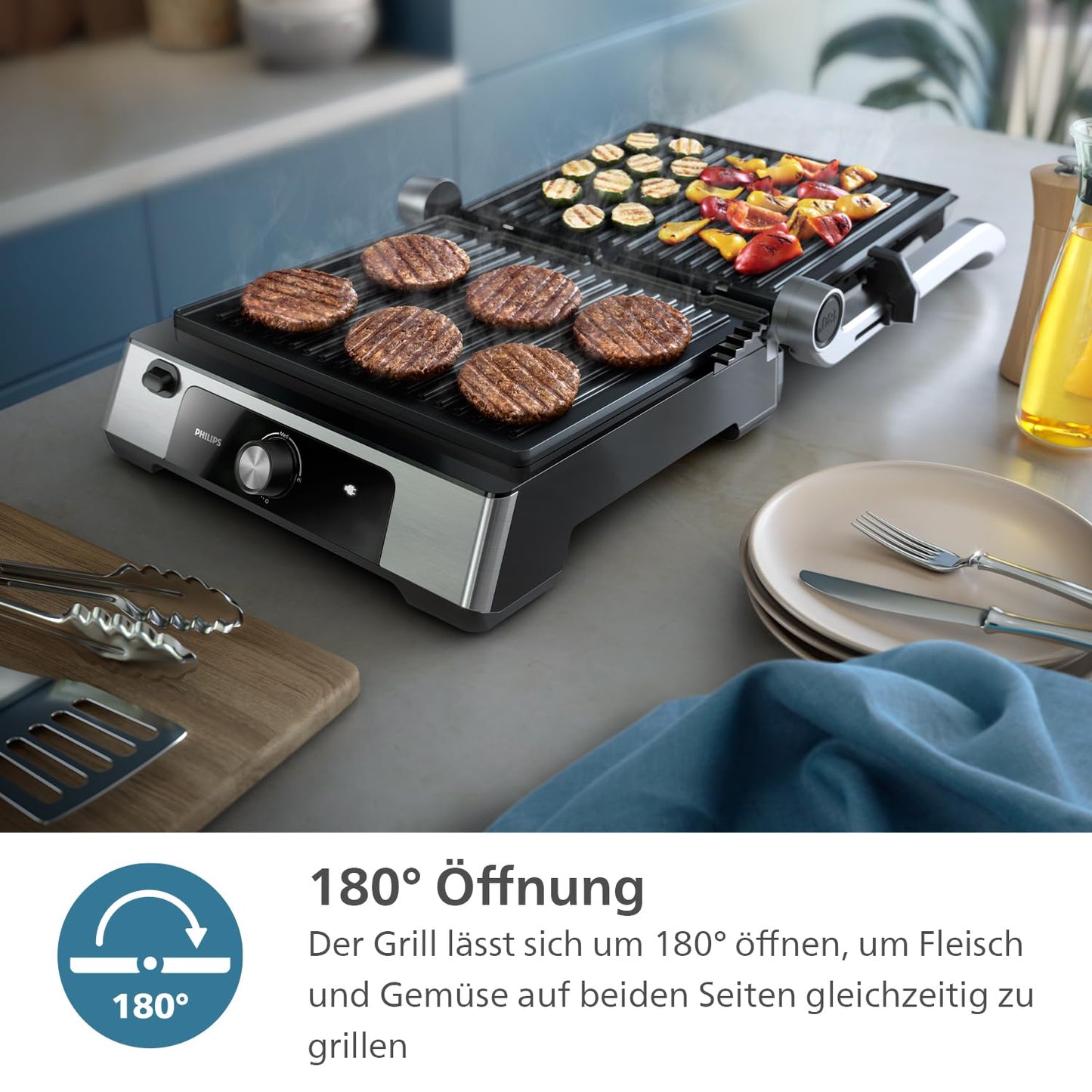 Philips contact grill - adjustable temperature 60°C-200°C. Can be opened 180°. Large grill area and high power performance. Removable non-stick plates and fat drip tray. (HD6301/90)