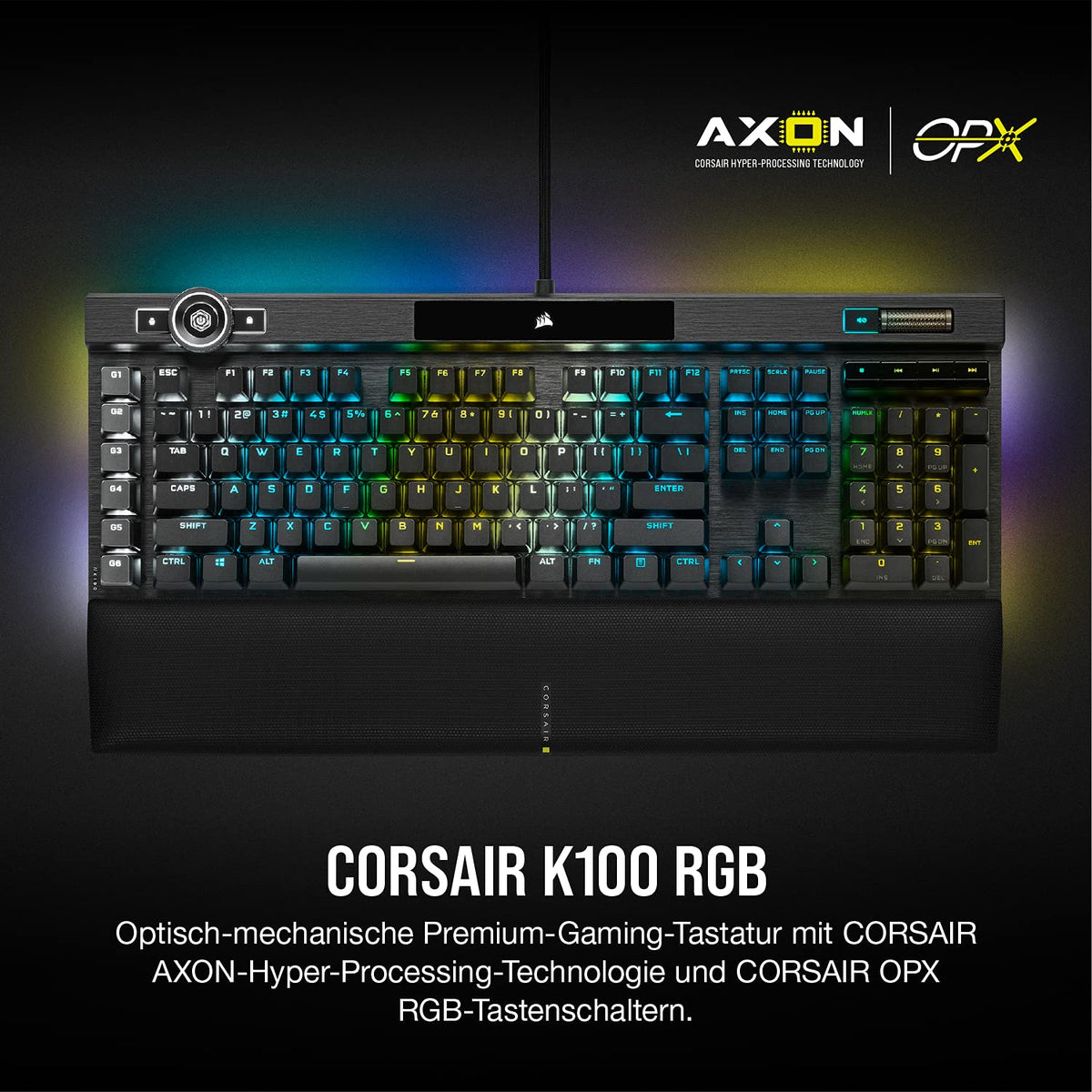 CORSAIR K100 RGB Optical-Mechanical Wired Gaming Keyboard - OPX Linear Switches - PBT Double-Shot Keycaps - Compatible with Elgato Stream Deck & iCUE - PC, Mac, Xbox - QWERTZ DE - Black - CH-912A01A-DE