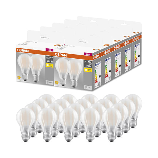 Osram BASE CLASSIC A GLFR 40 LED lamp with E27 base, classic bulb shape, double pack, 4W, 470lm, 2700K, warm white light, low heat generation, long service life, energy saving, 20 pack - 4099854094255