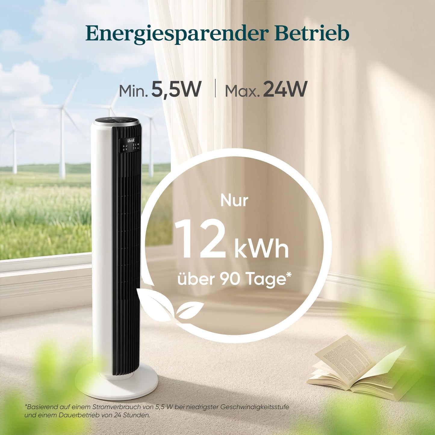 Levoit - DC motor tower fan - 20dB very quiet fan - 4 modes/12 levels/12 hour timer - remote control & cooling - tower fan with 7.9m/s speed - 24W pedestal fan - white, 92 cm - LTF-F362-WEU