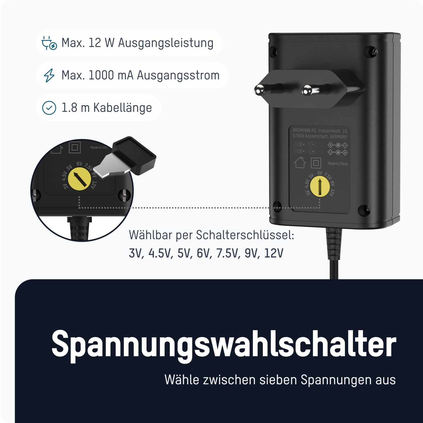 ANSMANN APS 1000 power supply 12V - power plug up to max. 1000mA (with 7 universal adapter plugs) power adapter for powering many small electrical devices adjustable from 3-12 volts (pack of 2) - 1201-0023