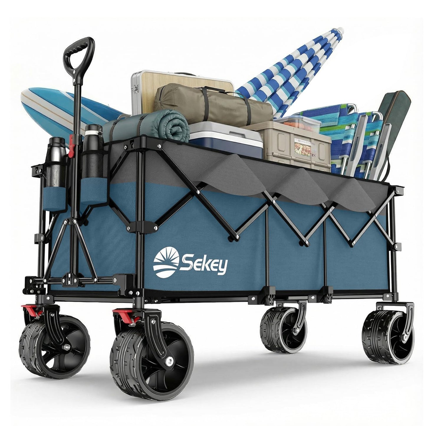 Sekey XXXL handcart foldable 300L 200KG load-bearing, extended folding handcart with extra width 17x10 cm all-terrain wheels handcart, patented 4-way instant assembly transport cart, blue with gray - 4013