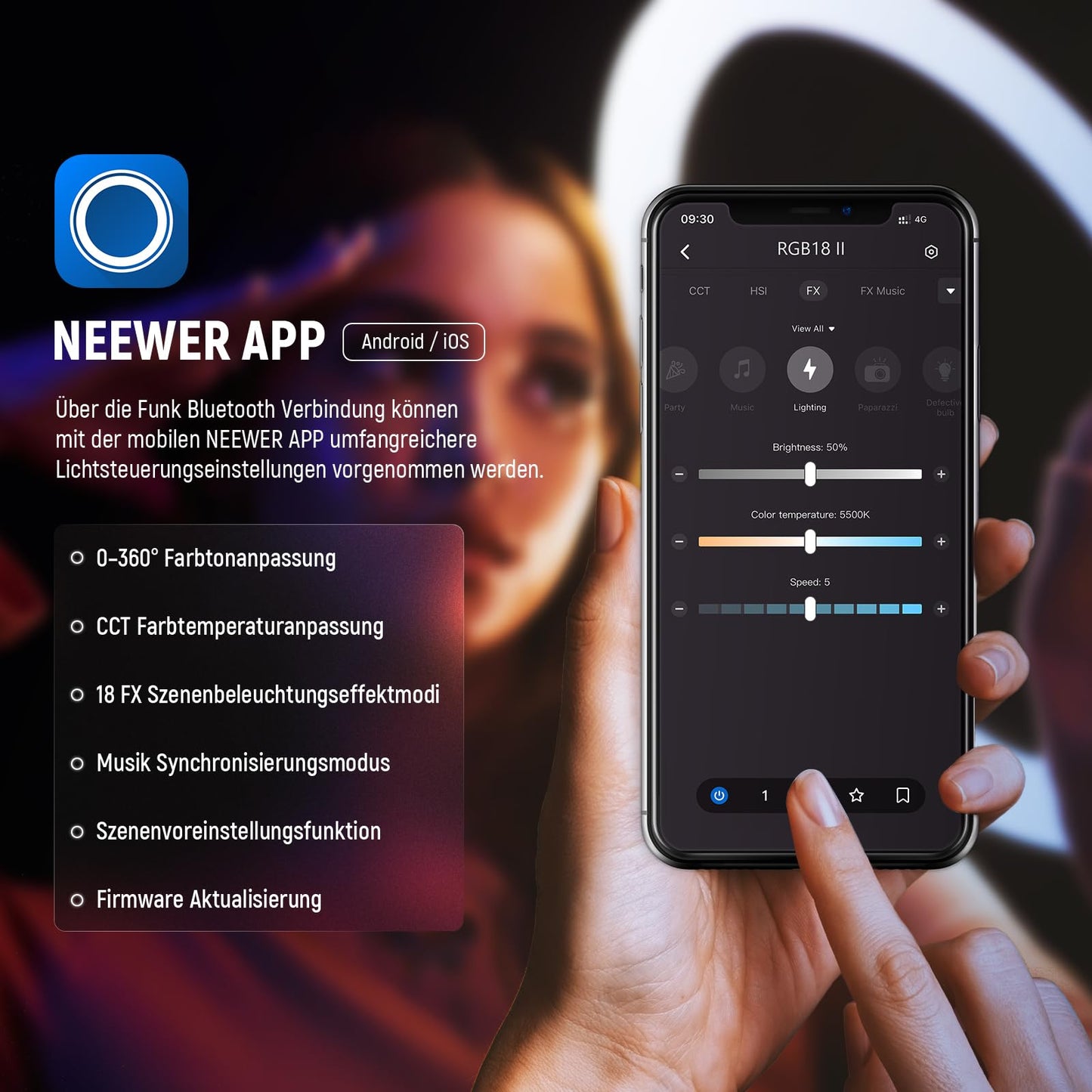 NEEWER 18" RGB LED Ring Light APP Control with Stand and Phone Holder, 42W Dimmable, 2500-10,000K, GM ± 50 Bi Color, CRI97+/TLCI98+, 360° Full Color, 18 Scenes for Selfie, TikTok, Vlog, RGB18 II - 10103392