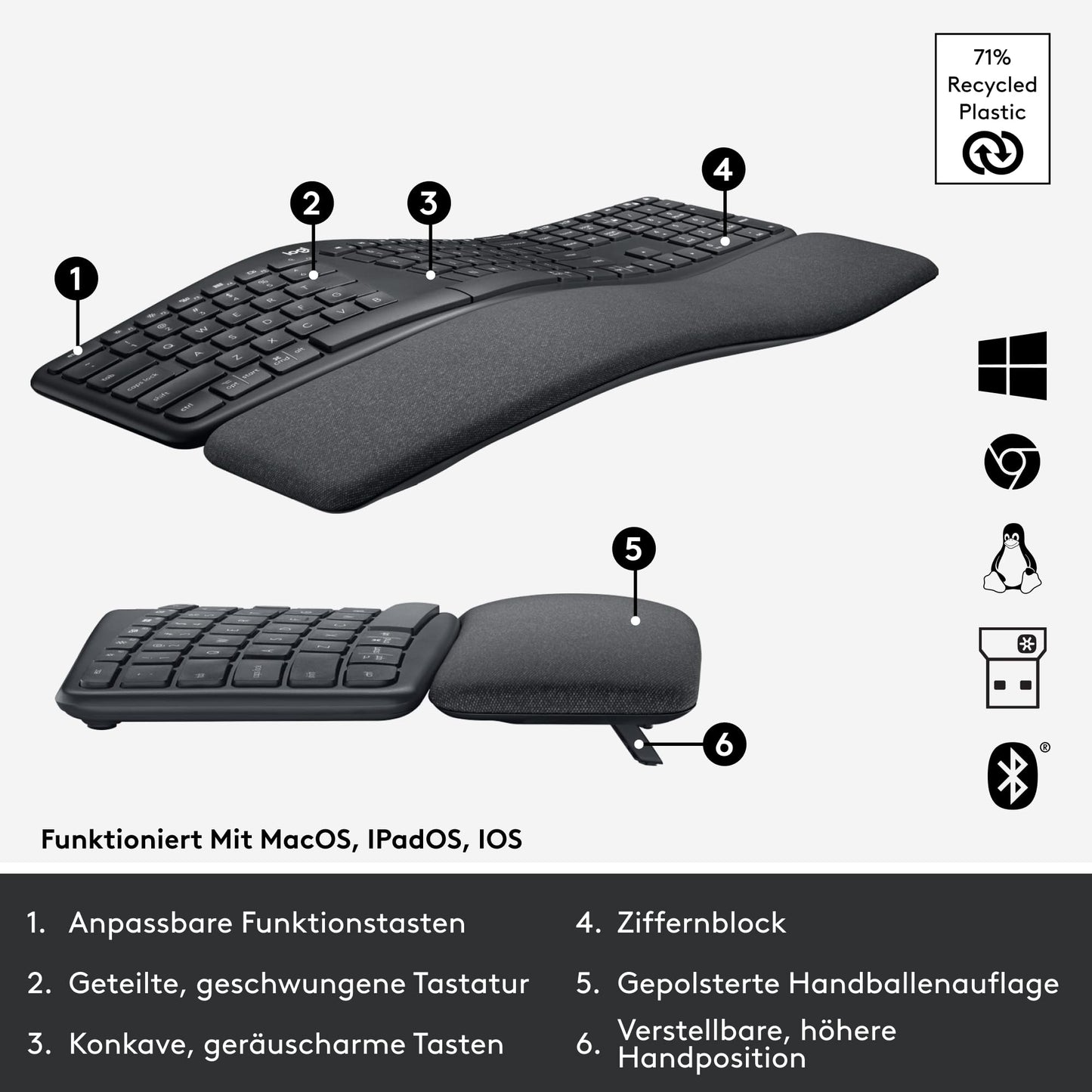 Logitech ERGO K860 Wireless Ergonomic Keyboard - Split Keyboard, Wrist Rest, Natural Typing, Stain-Resistant Material, Bluetooth and USB Connection, for Windows/Mac - Graphite - 920-009167