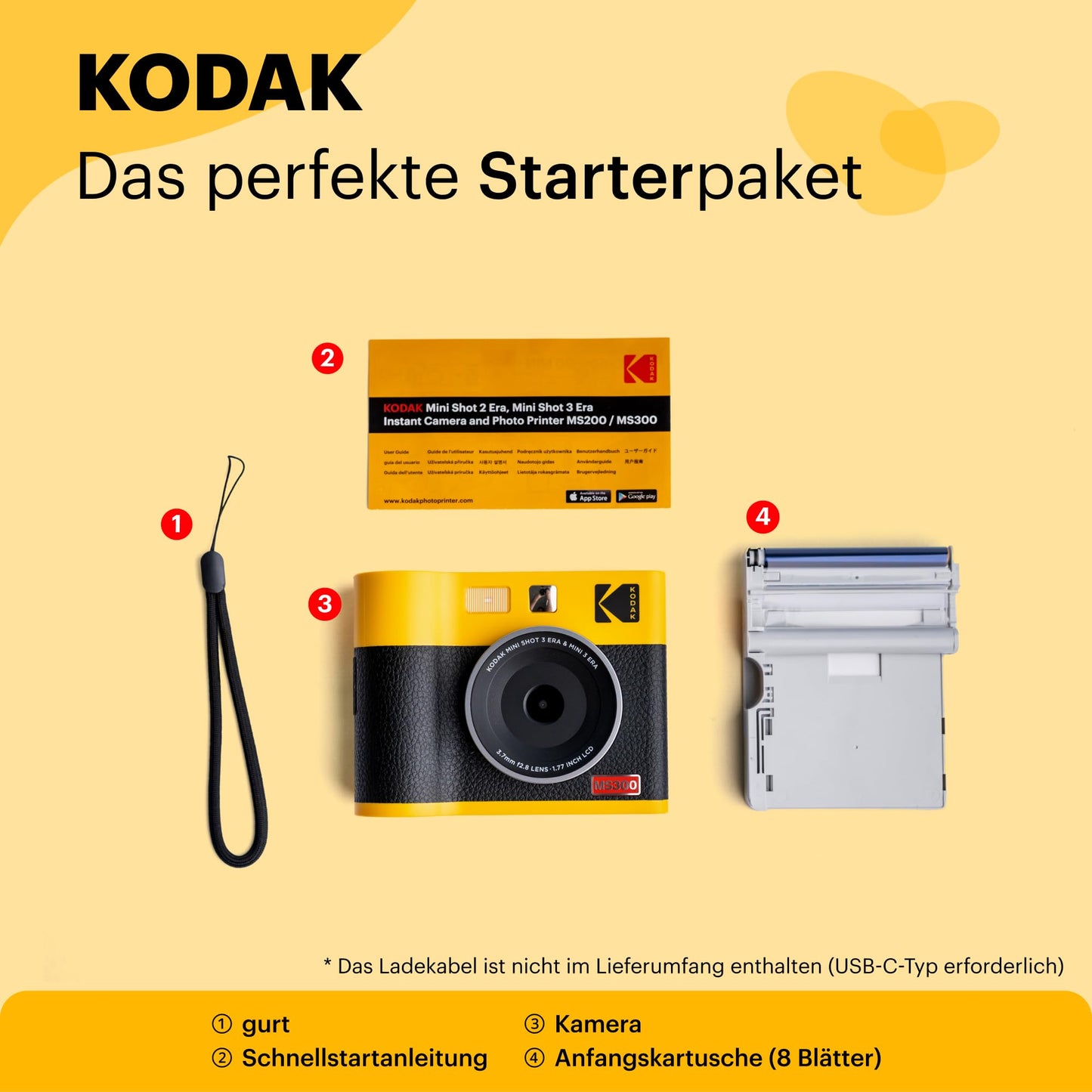 Kodak Mini Shot 3 ERA 4PASS 2-in-1 instant camera and photo printer (7.6x7.6cm) instant camera + 8 sheets, yellow - MS300Y