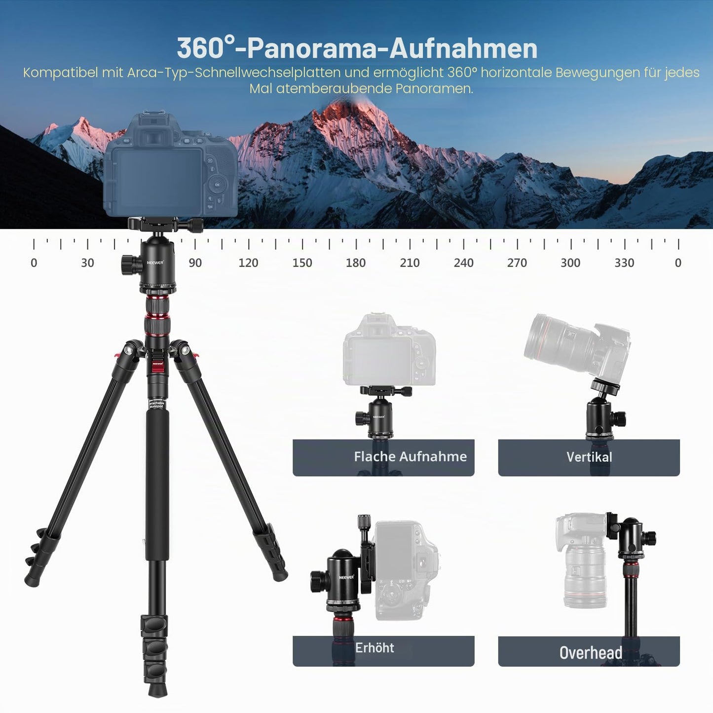 NEEWER 195.6cm Camera Tripod Monopod with Cell Phone Holder, Portable Travel Tripod with Remote Control 360° Ball Head 2 Axis Center Column, Arca QR Plate, Bag, Aluminum DSLR Tripod, Max 15.4kg, TP77 - 10104153
