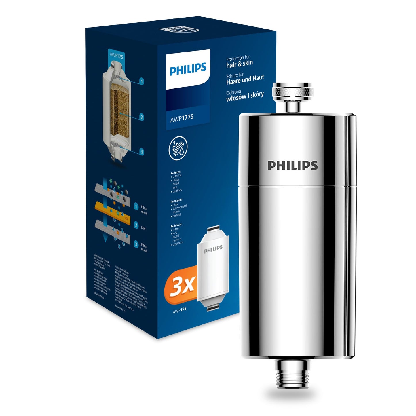 Philips Water inline shower filter +3 replacement filter cartridges reduces chlorine by up to 99 percent suitable for all standard hoses and fittings chrome 50000 L filter capacity - AWP1775P3CH/10