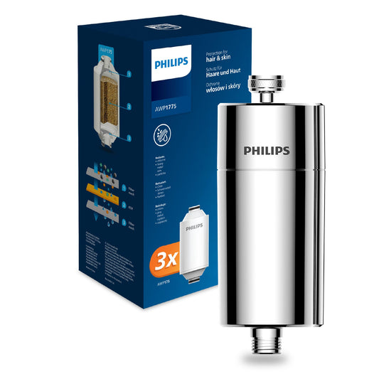 Philips Water inline shower filter +3 replacement filter cartridges reduces chlorine by up to 99 percent suitable for all standard hoses and fittings chrome 50000 L filter capacity - AWP1775P3CH/10