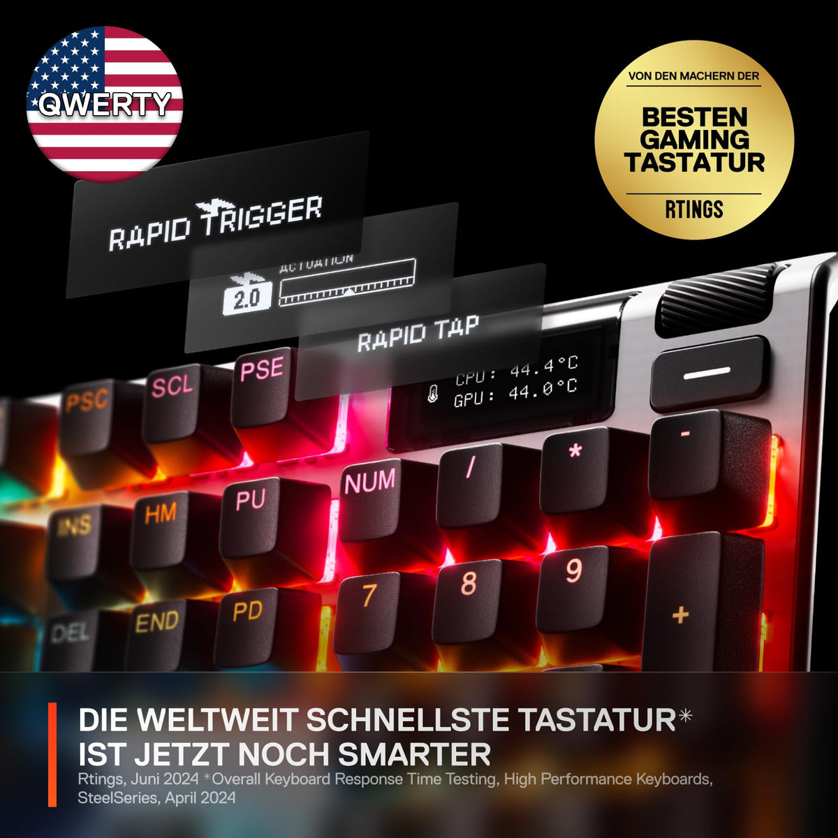 SteelSeries Apex Pro Gen 3 - Gaming Keyboard - Hall Effect Switches; OmniPoint 3.0 - Adjustable Actuation - Game-Ready Presets - Rapid Trigger, Protection Mode, Rapid Tap/SOCD - American QWERTY - 64660