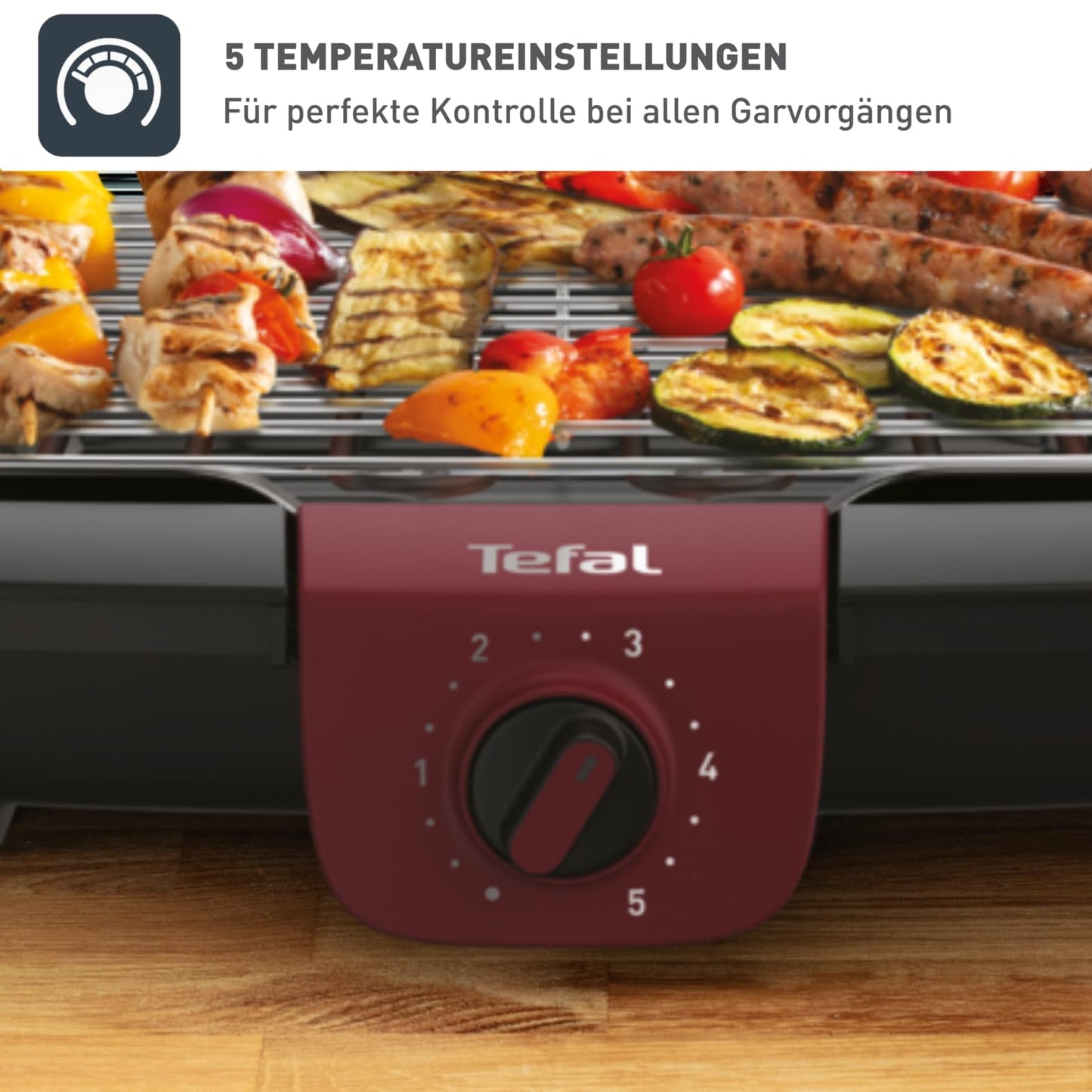 Tefal Easygrill Adjust Red electric grill, 2300 watt table grill, 870 cm² grill area, easy to clean, grill grate and drip tray dishwasher safe, completely dismantled, black/burgundy red, BG90E5