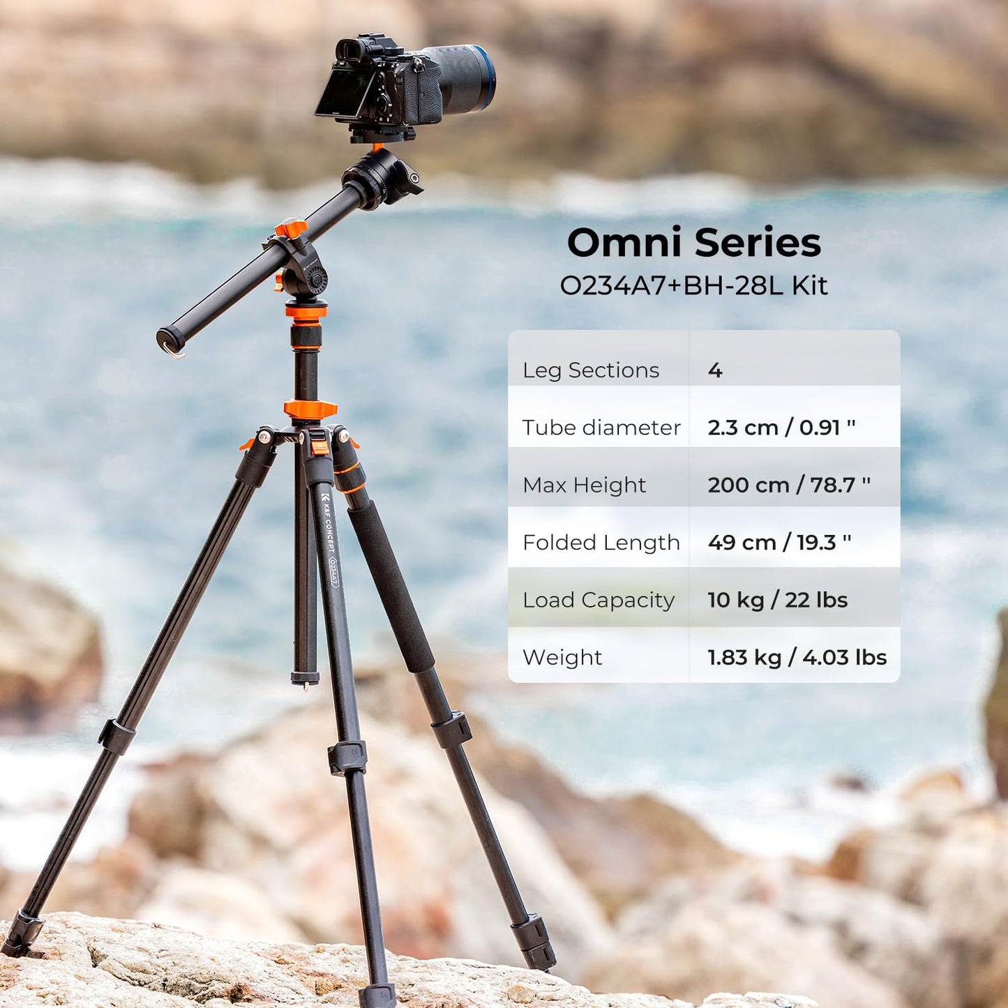 K&F CONCEPT 200CM/78inch tripod, camera tripod, tripod with 90° center column monopod function, 360° ball head and 1/4'' thread tripod for DSLR camera - K234A7+BH-28L