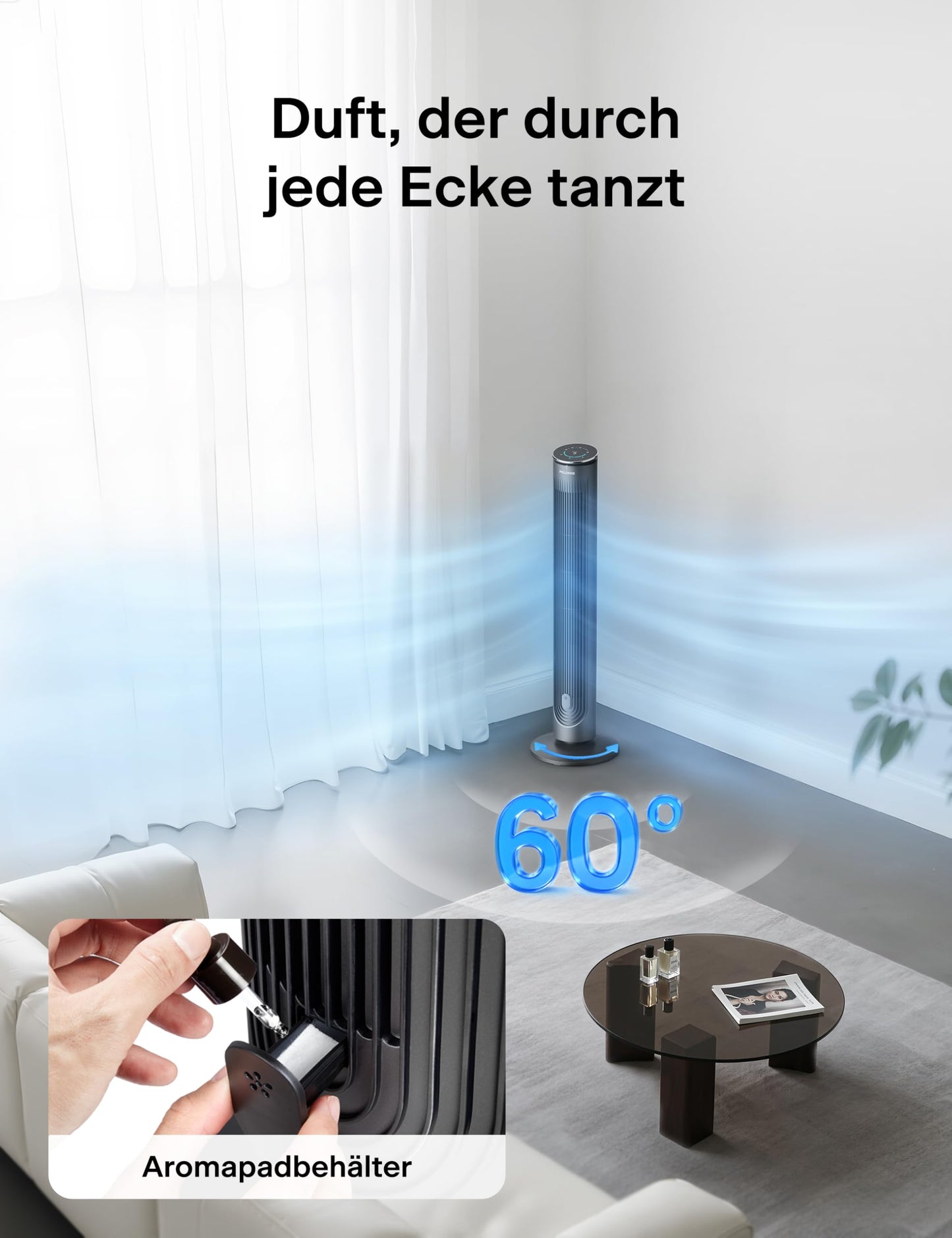 Pelonis Quiet Tower Fan, 4.2m/s Fan with Cooling Remote Control, Tower Fan Stand Fan with 9 Hour Timer, 4 Modes 5 Speeds, SMART Mode, LED Display for Bedroom Office - PE-FZ10-21AR-DE-FBA