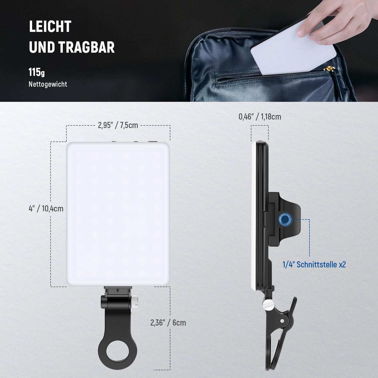 NEEWER Basics Clip on LED Selfie Light Compatible with iPhone, 2000mAh Rechargeable, Phone Clip Holder & Cleaning Cloth, Webcam Laptop Zoom Conference Makeup Fill Video Light, NL-60AI