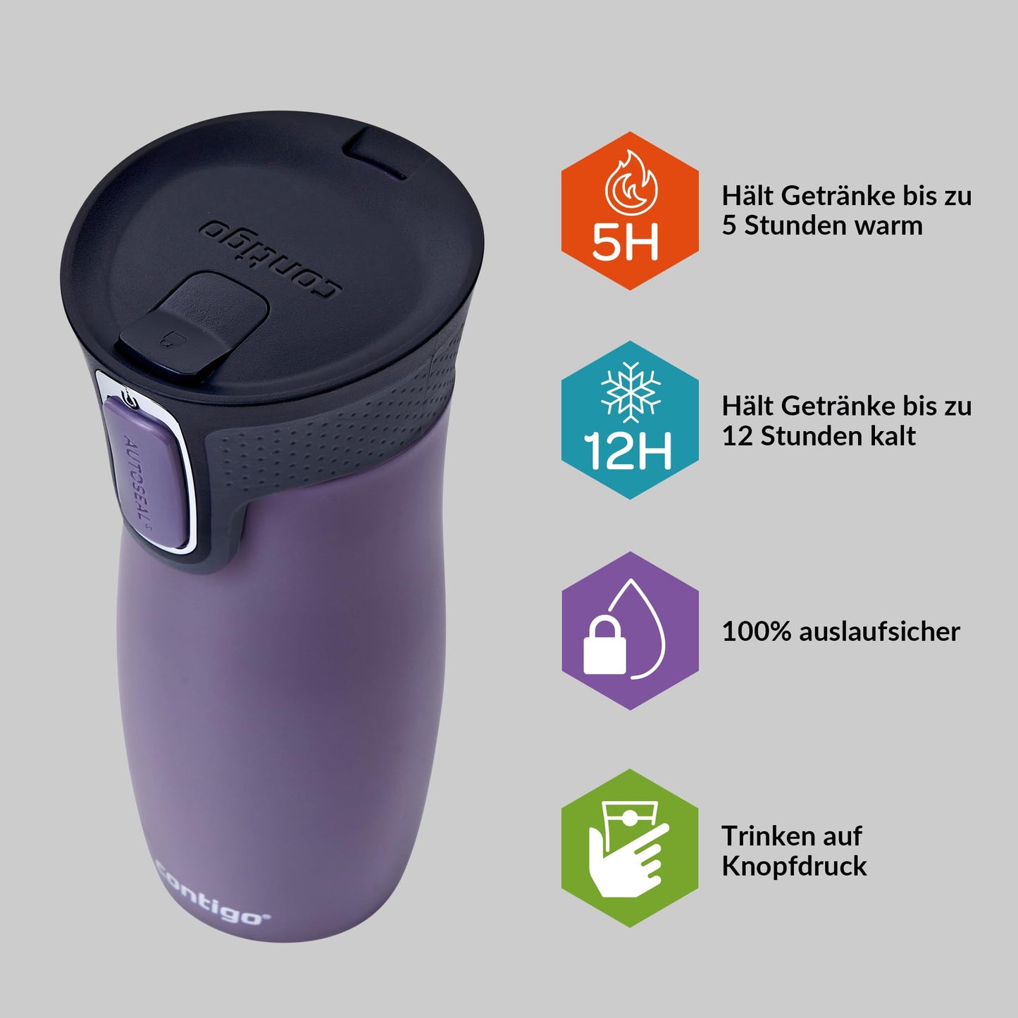 Contigo unisex adult West Loop Autoseal thermal mug, stainless steel insulated mug, coffee mug to go, BPA free, leak-proof travel mug with easy-clean lid, keeps warm for up to 5 hours, 470 ml, dark plum - 2104579