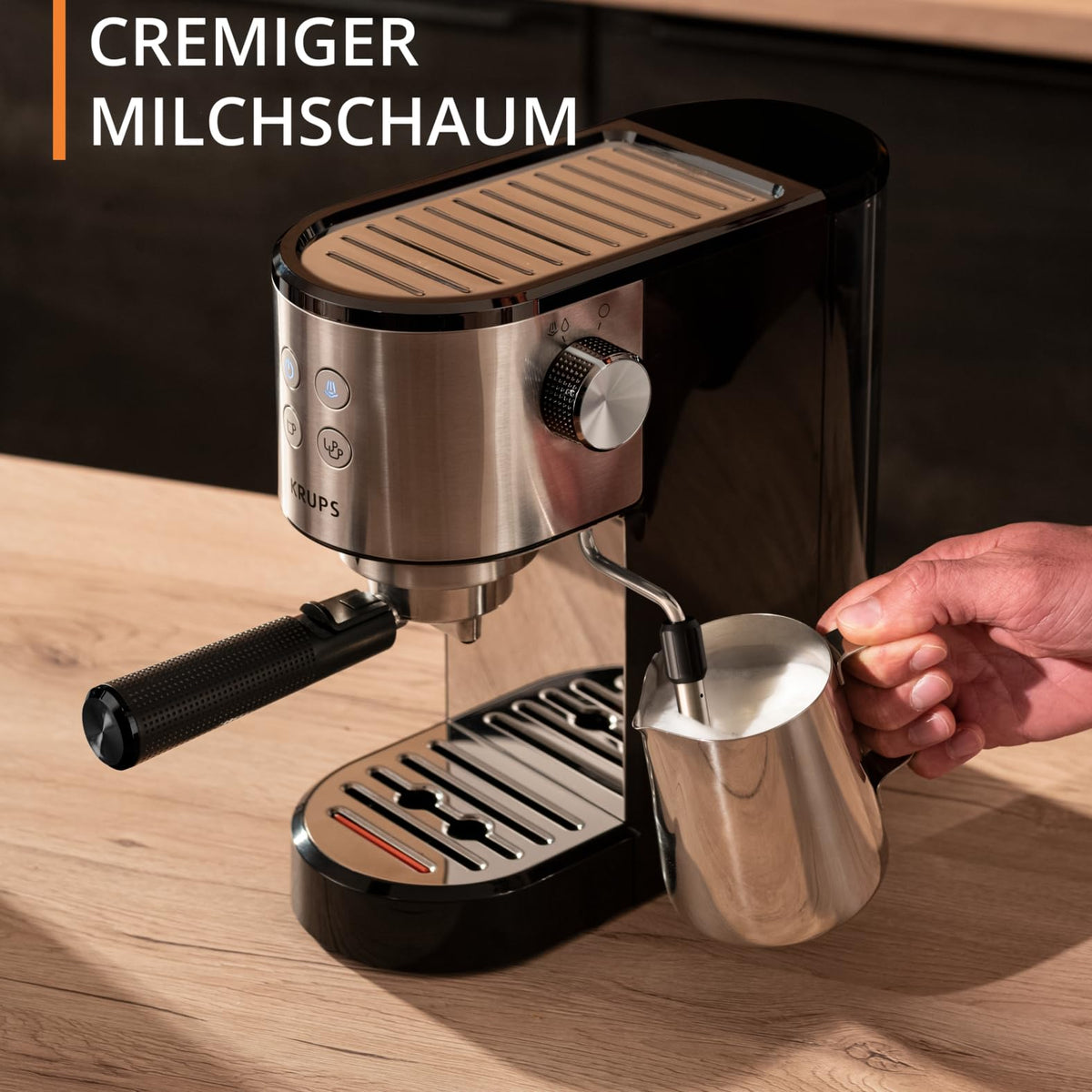 Krups Virtuoso Essential Espresso Machine, 15 bar, stainless steel accents, sleek design, control panel with 4 functions, including barista accessories, stainless steel, XP441810