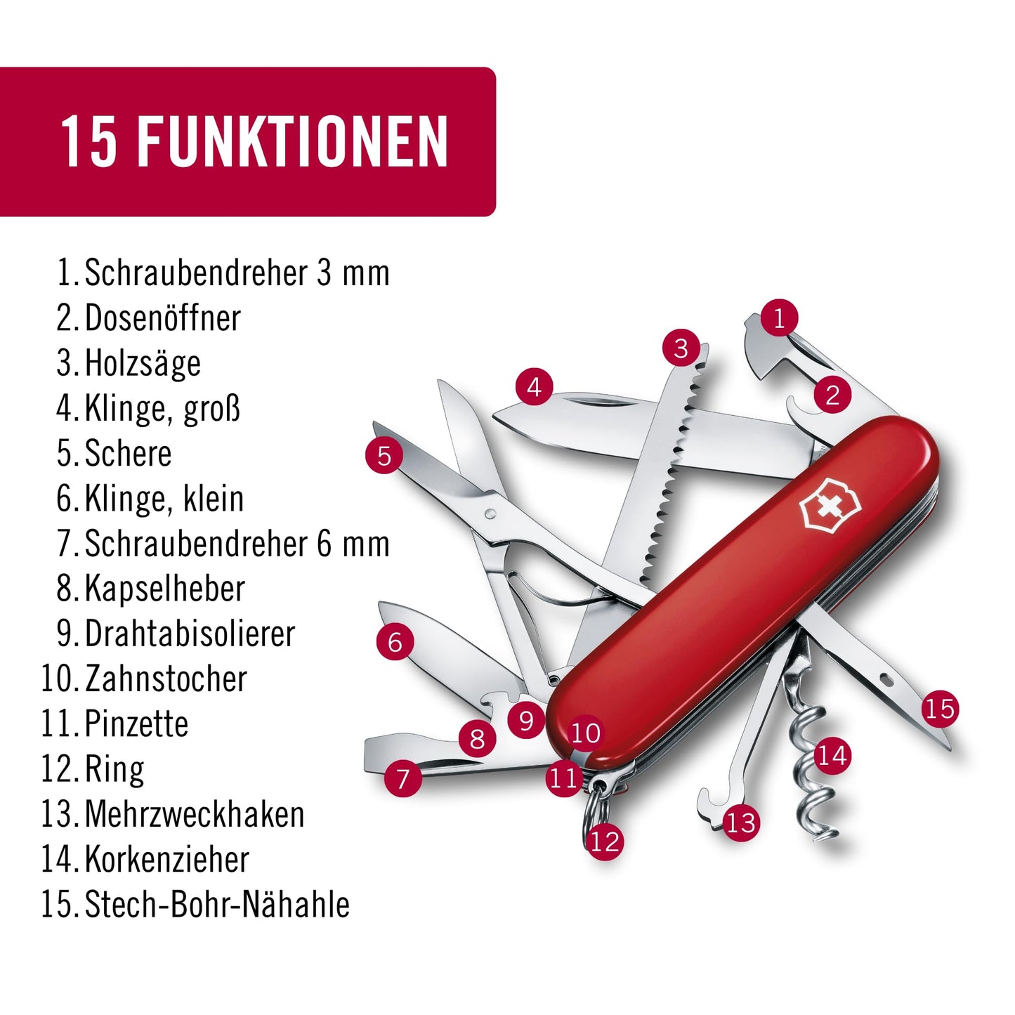 Victorinox, pocket knife, Huntsman, 91 mm, red (15 functions, blade, corkscrew, can opener, blade) - 1.3713-033-X1