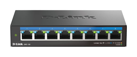 D-Link DMS-108 8-Port Multi-Gigabit Unmanaged Desktop Switch (8x 2.5G Ports, Fanless, Compact, Metal Housing, QoS, Plug and Play) - DMS-108/E