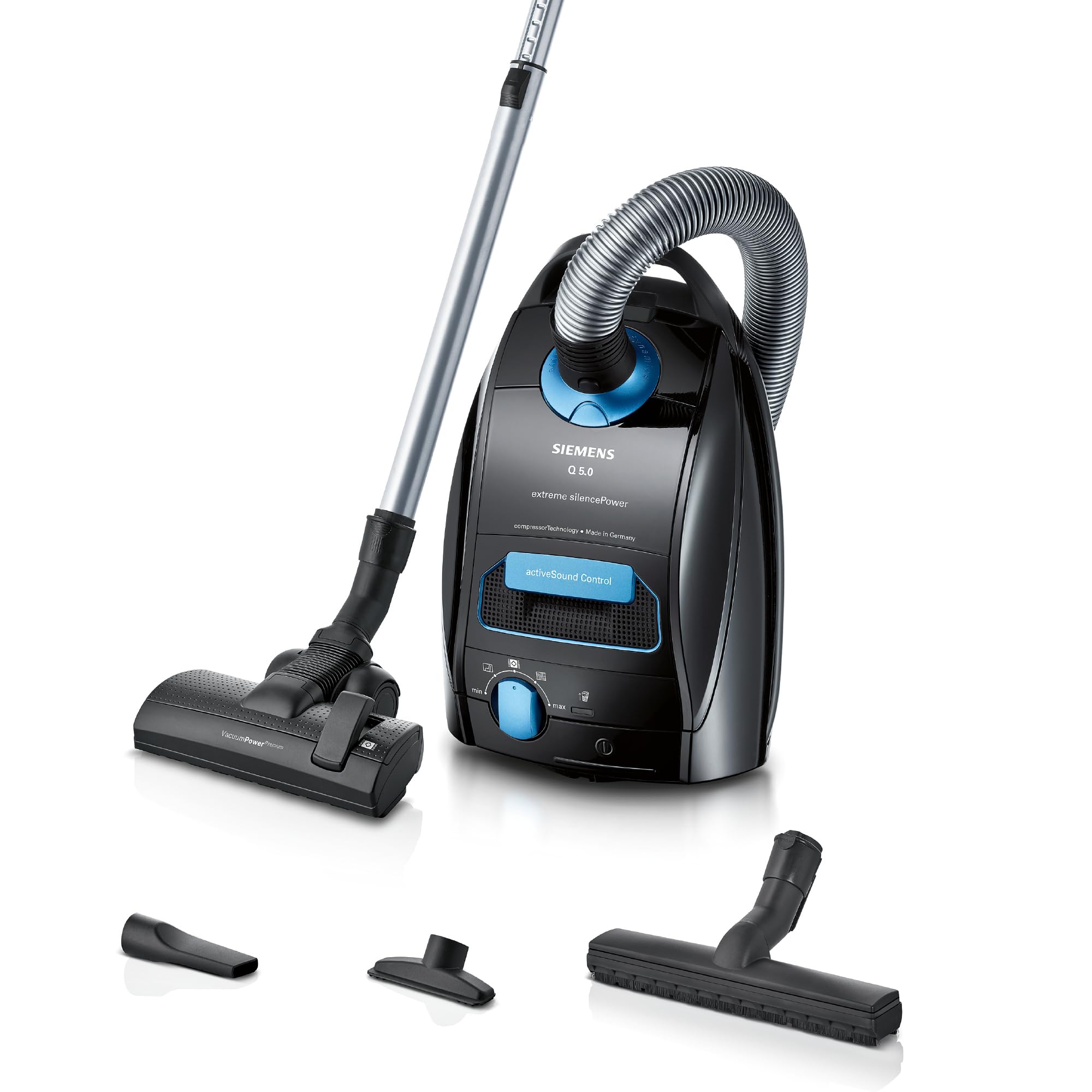 Siemens vacuum cleaner with bag Q5.0 Extreme silencePower VSQ5X1232, for allergy sufferers, hygiene filter, strong suction power on parquet, carpet and tiles, long cable, Made in Germany, 850 W, black