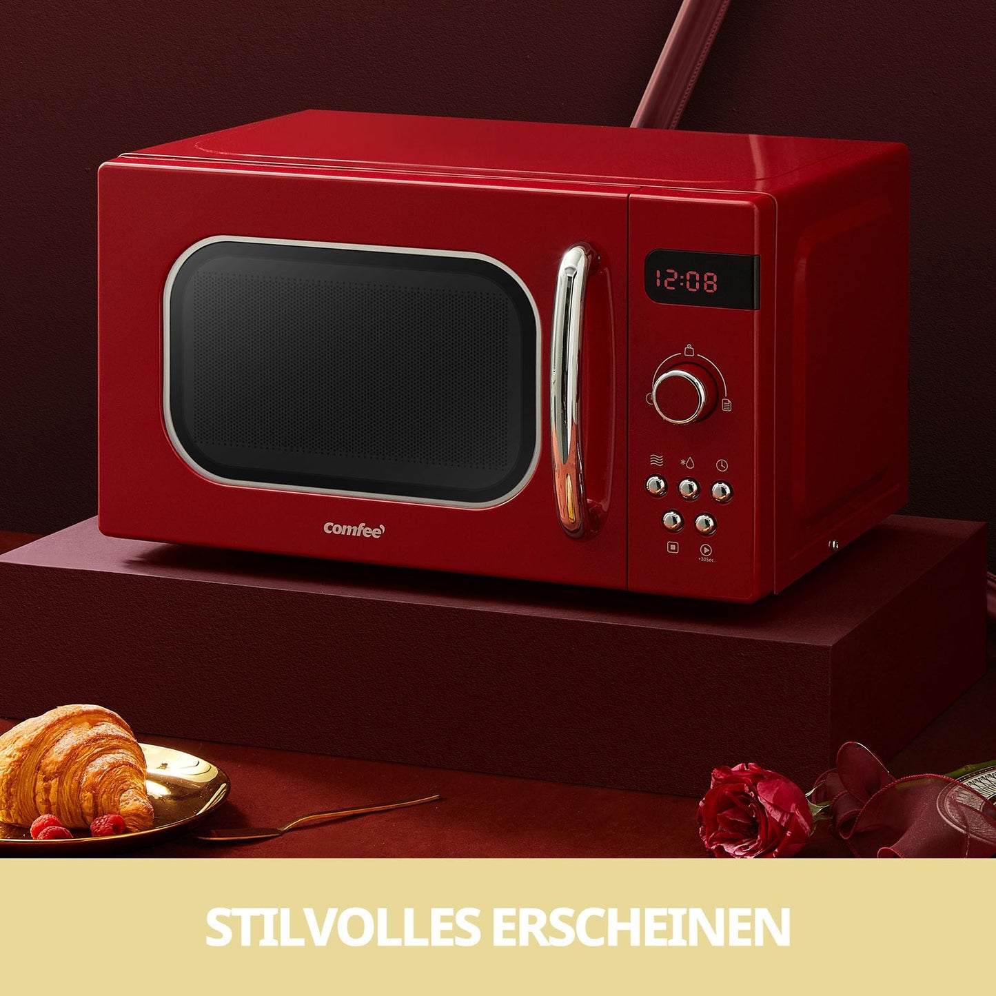 Comfee CMSRO 20 di rd retro microwave with 8 automatic menus, 5 power levels, pressure cooking button, 20 l, 800 W, passionate red