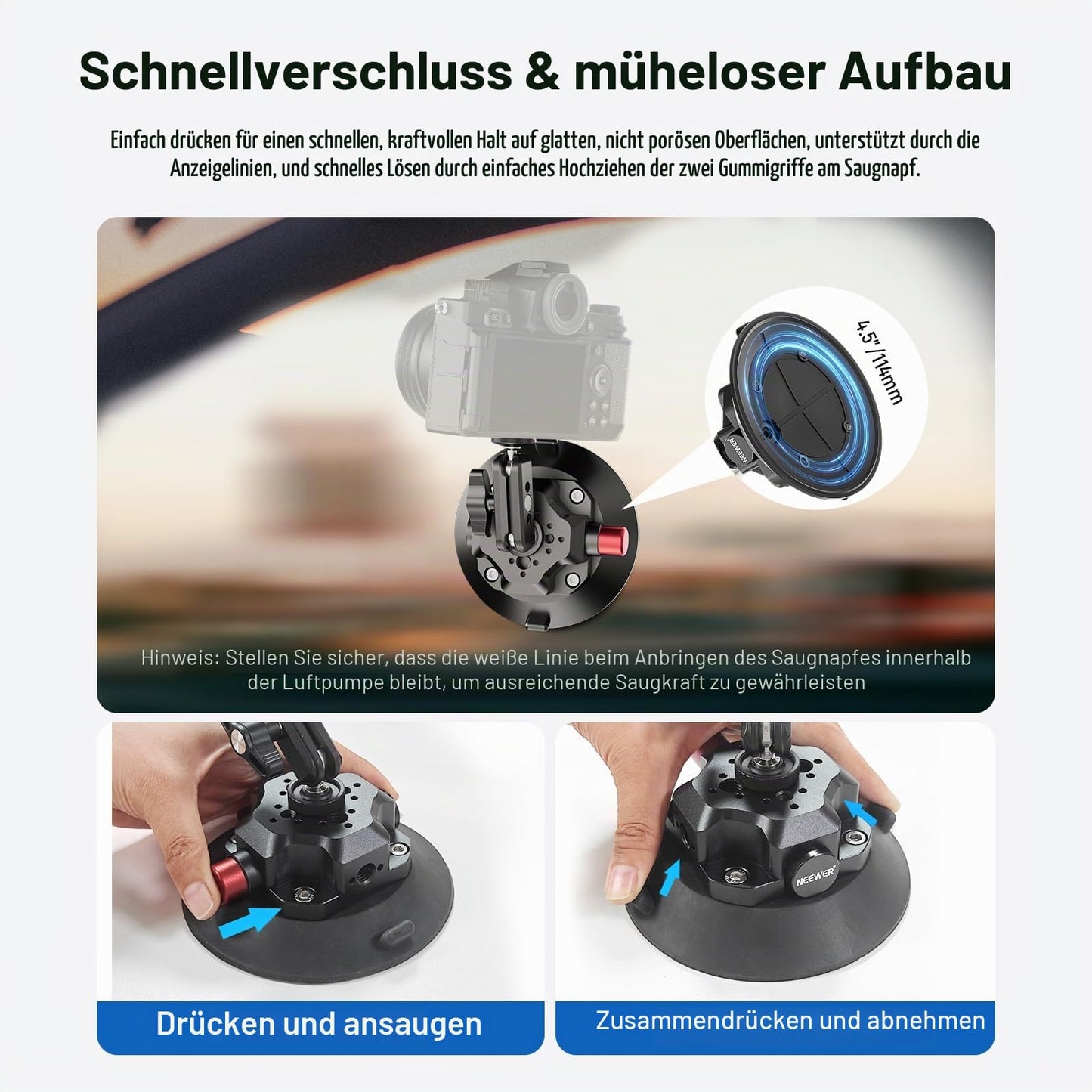 NEEWER 4.5" camera mount with suction cup and ball head magic arm, compatible with ARRI 1/4"l 3/8" holes, car mount and action cam adapter, compatible with iPhone GoPro DJI Insta360, CA105