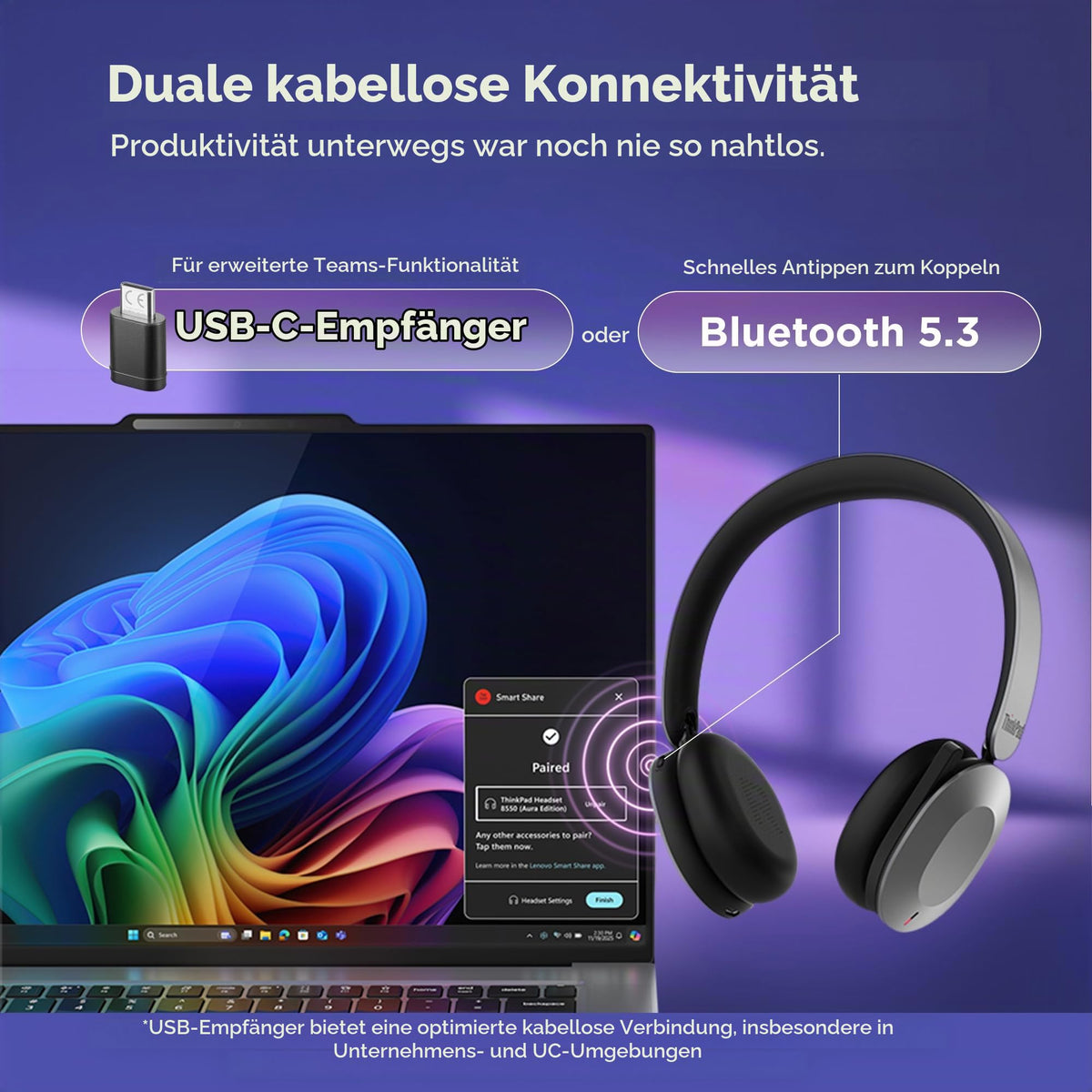 Căști wireless ANC pliabile Lenovo ThinkPad Dual-Mode 8550 Aura Edition USB-C Gri - 4XD1T60925