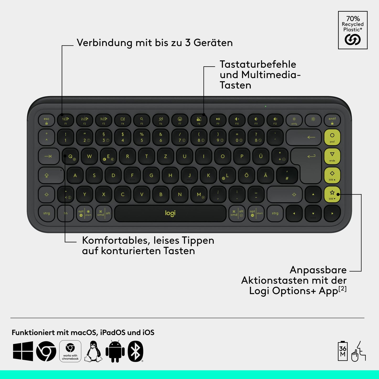 Logitech POP ICON Combo, Bluetooth keyboard and mouse set, comfortable typing, programmable buttons, quiet clicks, easy switch for up to 3 devices, QWERTZ DEU - graphite - 920-013106