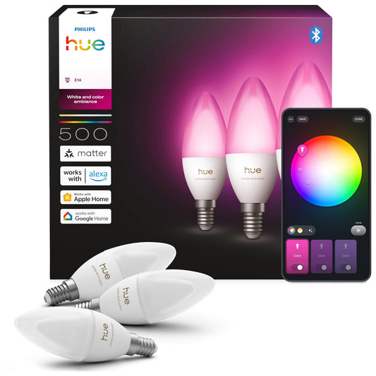 Philips Hue Smart LED Bulb, B39, E14, 3-pack, White and Color Ambiance, Full Spectrum Light 1,000 K–20,000 K, 500 lm, Extremely Low Dimmable, Chromasync, Alexa, Google Home, Apple Home - 929004295306