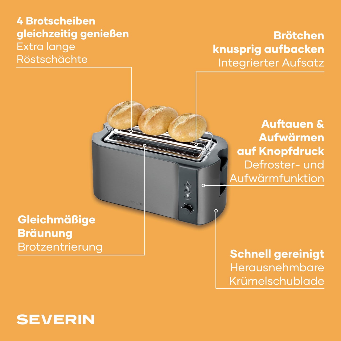Severin automatic high-quality stainless steel toaster with large roasting chambers and 1400 W power, defrost function, dark inox/black