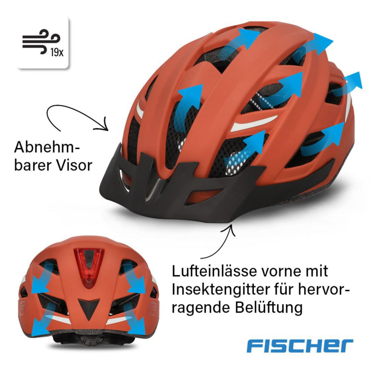 FISCHER Adult Bicycle Helmet, Cycling Helmet, City Helmet Urban Plus Miami, S/M, 52-59cm, orange, with integrated LED rear light - 50627