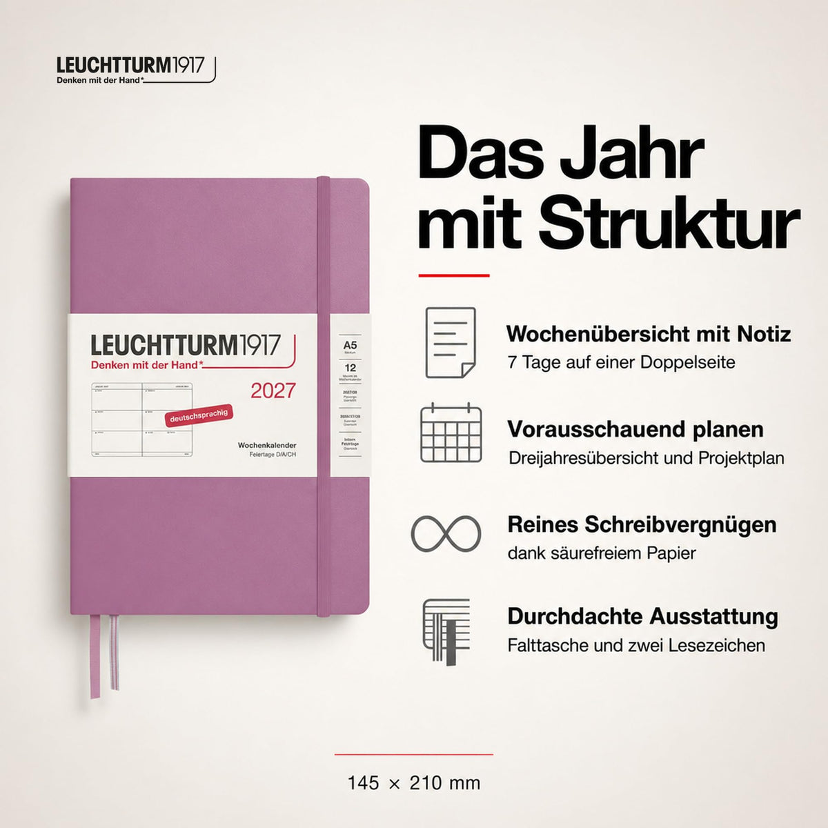 LEUCHTTURM1917 Calendar săptămânal 2027 Mediu (A5) - Germană, Dusty Rose, Hardcover, 145 x 210 mm, 12 luni - ianuarie-decembrie 2027, 1 săptămână pe pagină dublă, hârtie de 80 g/m² cu compatibilitate ridicată cu cerneală - 400102