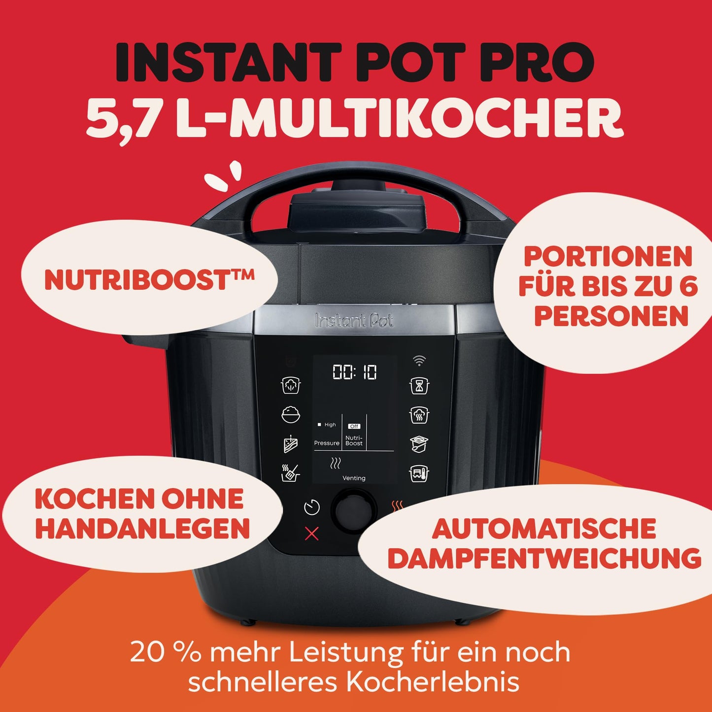Instant Pot Pro 10-in-1 Multi Cooker 5.7L - Black, Pressure Cooker, Slow Cooker, Rice Cooker, Sauteer, Yogurt Maker, Food Warmer, Steamer, Vacuum Cooker, Baking, NutriBoost™, Dishwasher Safe. - PRCPC601WE