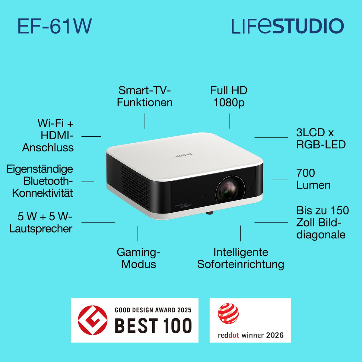Epson EF-61W, Full HD 1080p Smart TV Projector, portable, 700 Lumens, Sound by Bose, Google TV, 150 inches