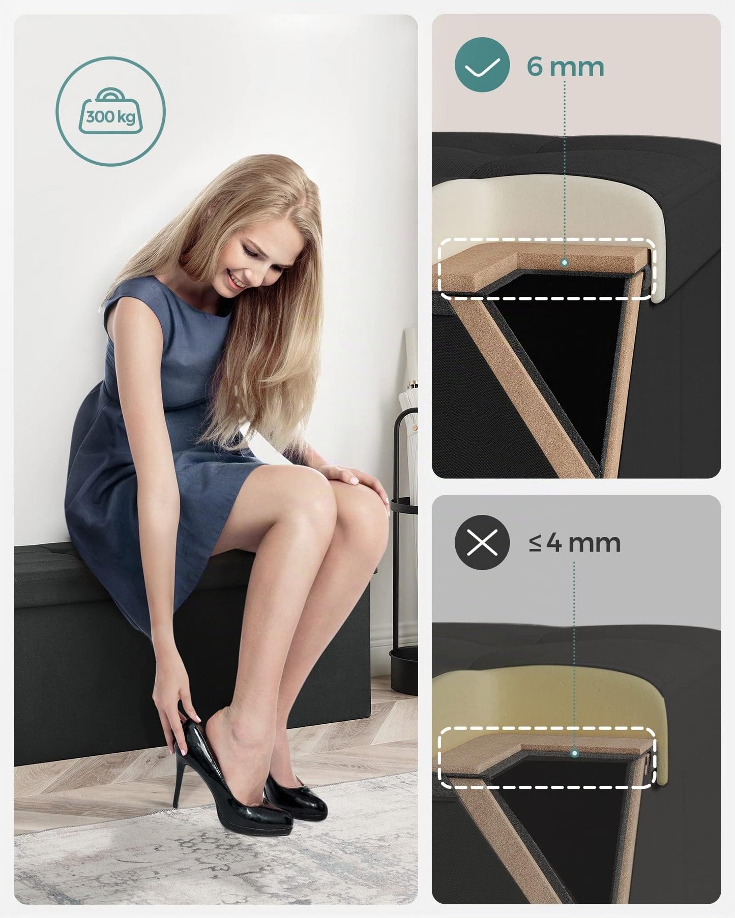 SONGMICS Stool with storage space, folding bench, 38 x 110 x 38 cm footstool, storage box, loads up to 300 kg, for living room, bedroom, hallway, ink black LSF077B01