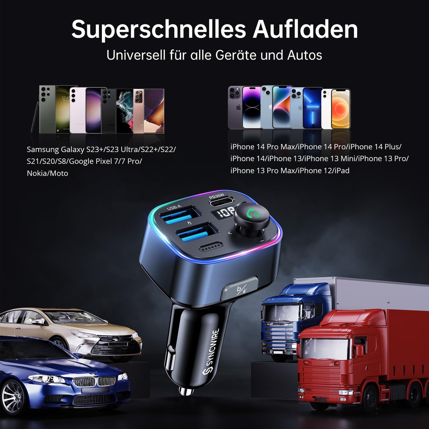 Syncwire FM Transmitter Car Bluetooth 5.4 48W (PD 36W & 12W) Bluetooth Adapter Car with [Light Switch] [HiFi Bass Sound] [Fast Charging] Hands-Free Car Charger Cigarette Lighter - SW-XC727