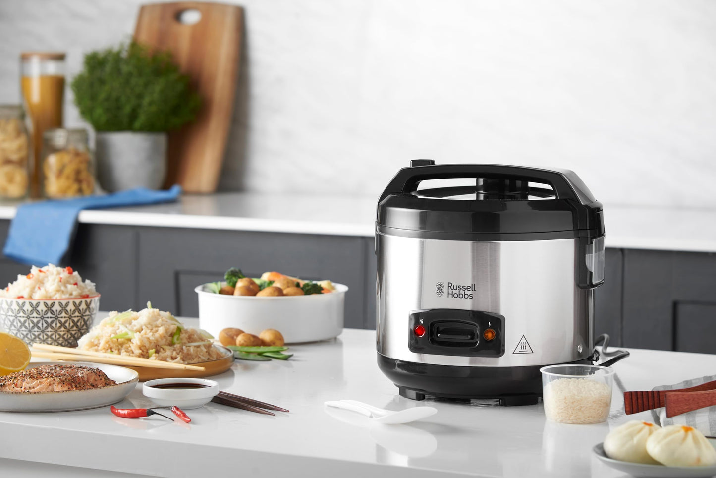 Russell Hobbs rice cooker 1.2l incl. steamer insert with aroma hinged lid (keep warm function, non-stick coated cooking pot, rice spoon & measuring cup, stainless steel) 27080-56