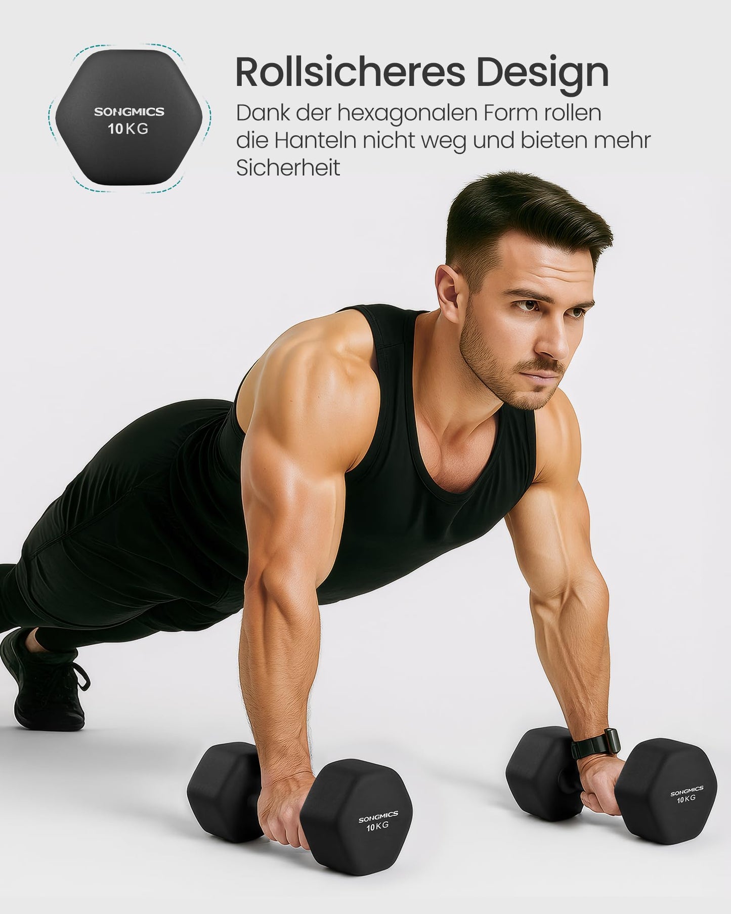 SONGMICS Dumbbells Set of 2 2 x 10kg Dumbbell Set Hexagon Neoprene Coating Strength Training Workout Fitness Training for Home Ink Black SYL110B01 - USYL908Q01