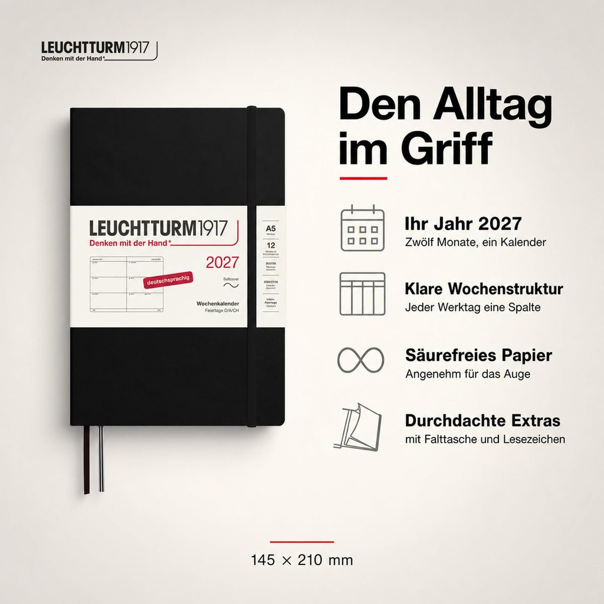 LEUCHTTURM1917 Calendar săptămânal 2027 Mediu (A5) - Germană, Negru, Coperți moale, 145 x 210 mm, 12 luni - ianuarie-decembrie 2027, 1 săptămână pe pagină dublă, hârtie de 80 g/m² cu compatibilitate ridicată cu cerneală - 400126