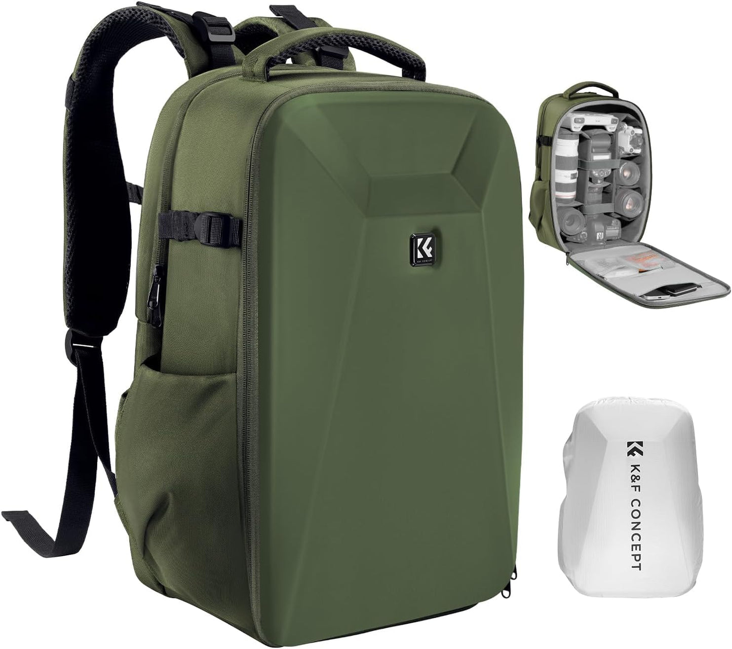 K&F CONCEPT camera backpack photo backpack with hard shell camera bag with 15.6 inch laptop compartment and rain cover, backpack for drones - KF13.134V3